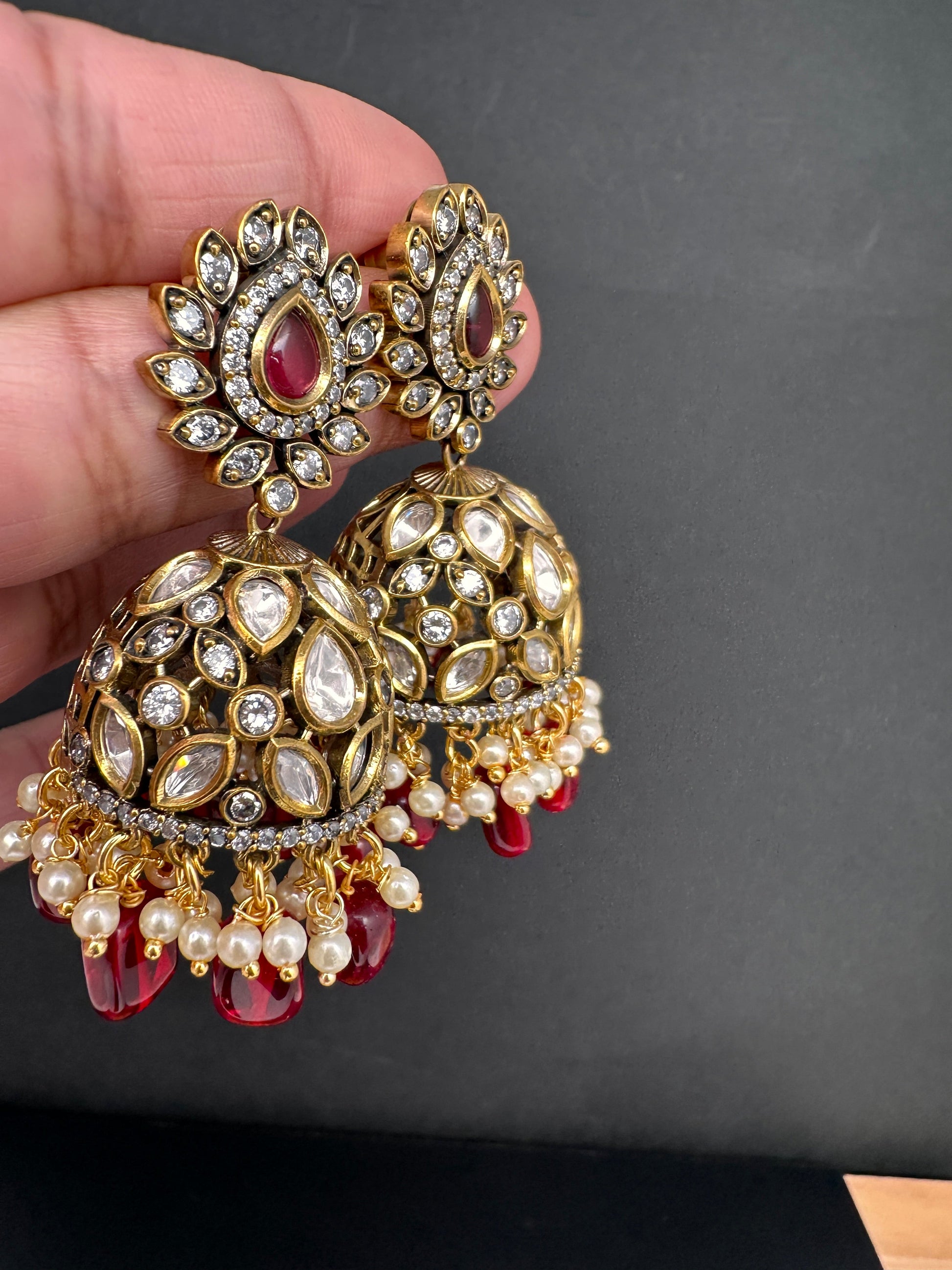 AD Color Stone Jhumki Earings - Red