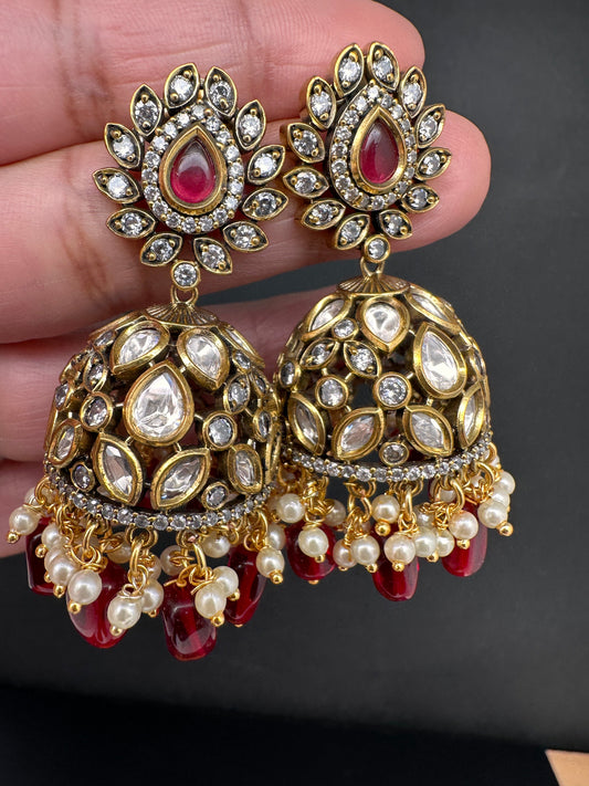 AD Color Stone Jhumki Earings - Red