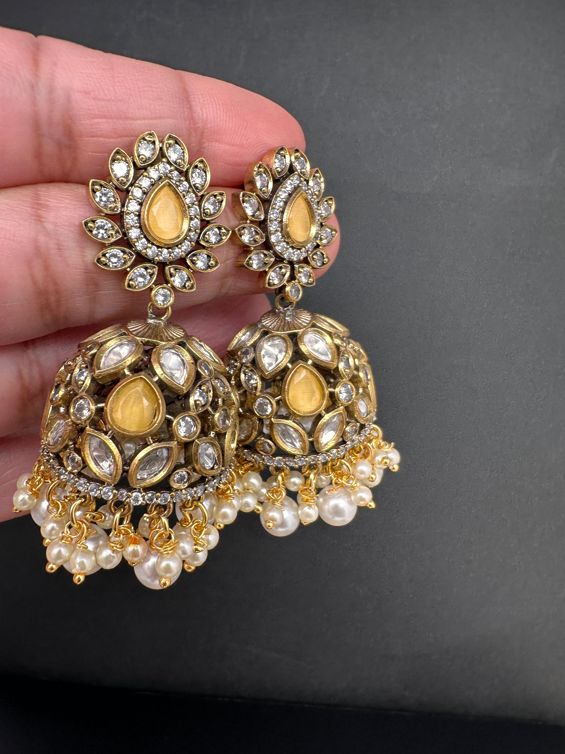 AD Color Stone Jhumki Earings - Yellow