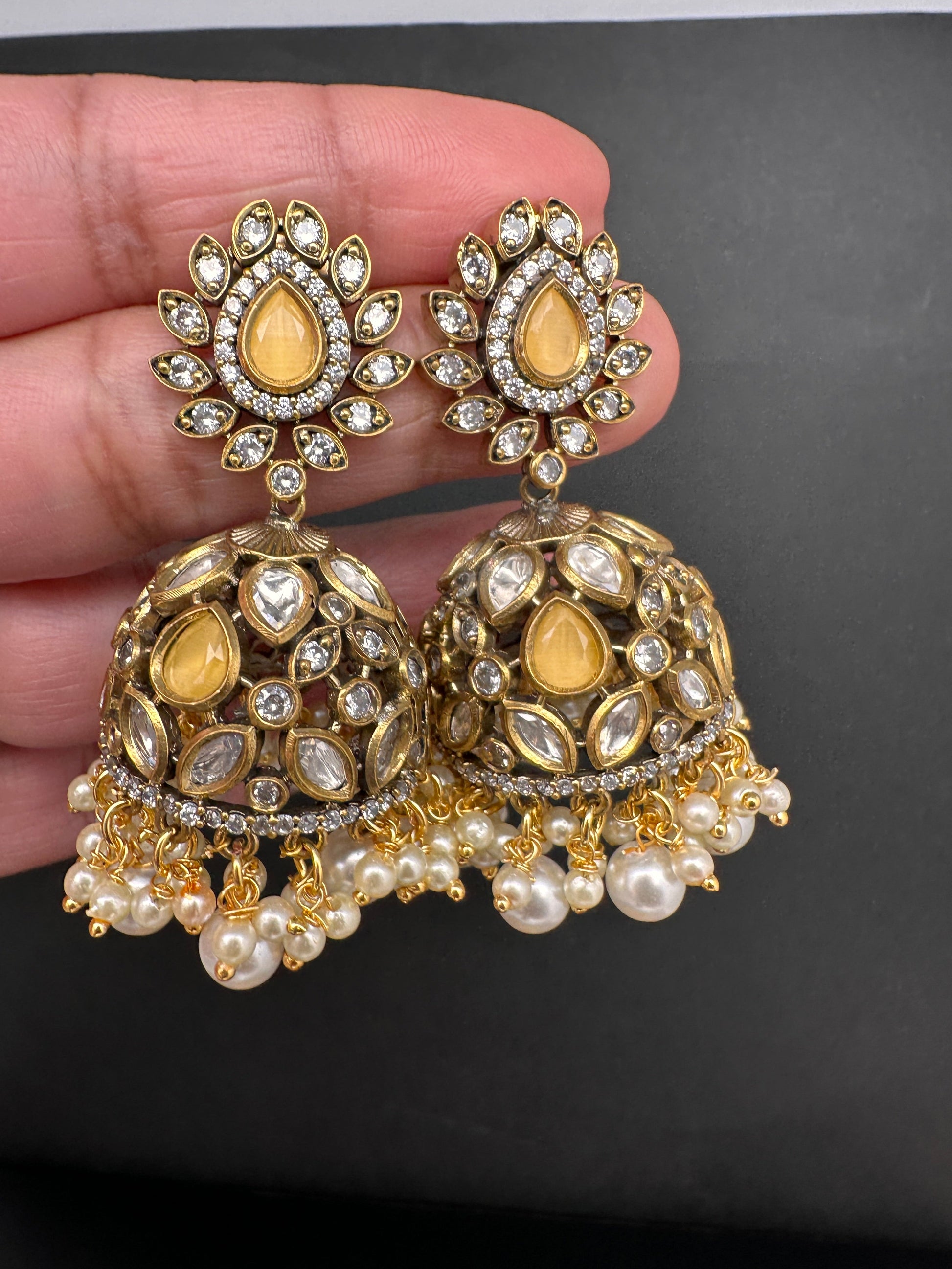 AD Color Stone Jhumki Earings - Yellow