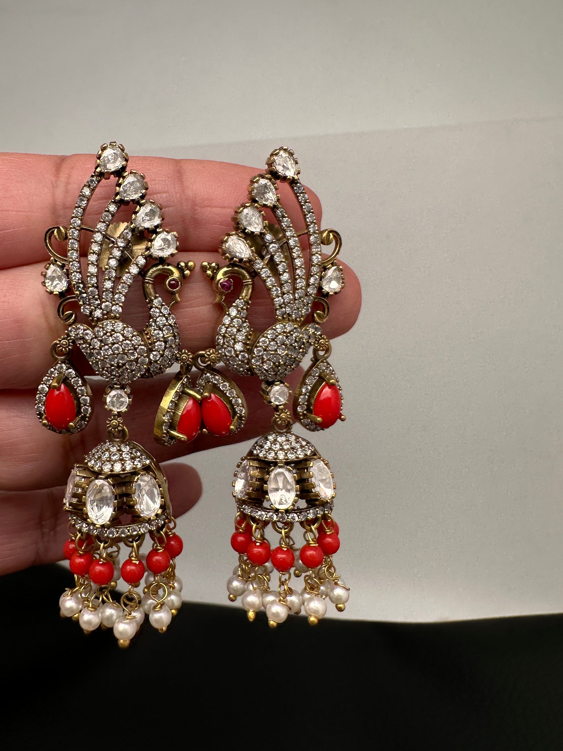 Peacock AD Color Stone Victorian Jhumki Earings - Coral