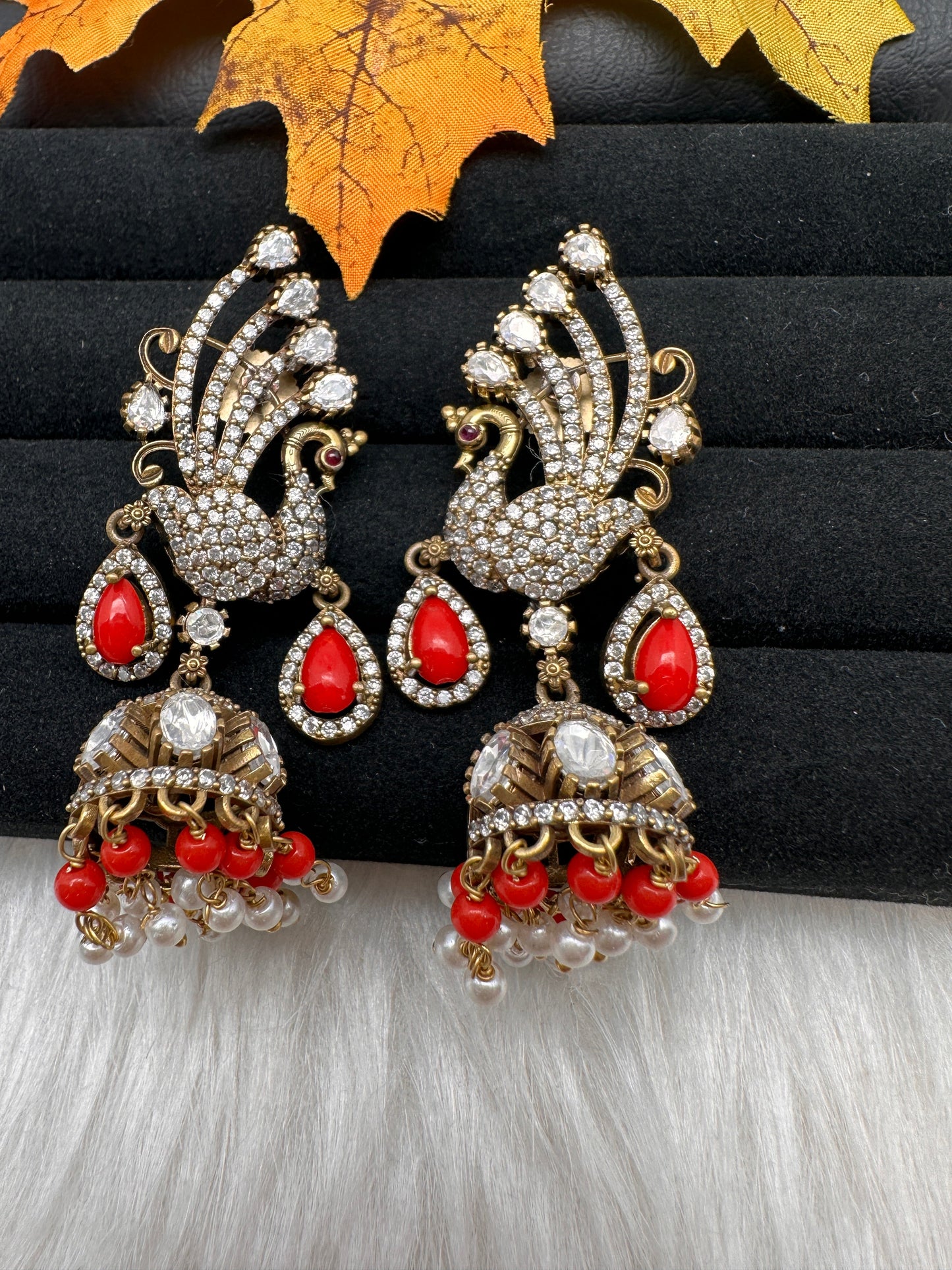 Peacock AD Color Stone Victorian Jhumki Earings - Coral