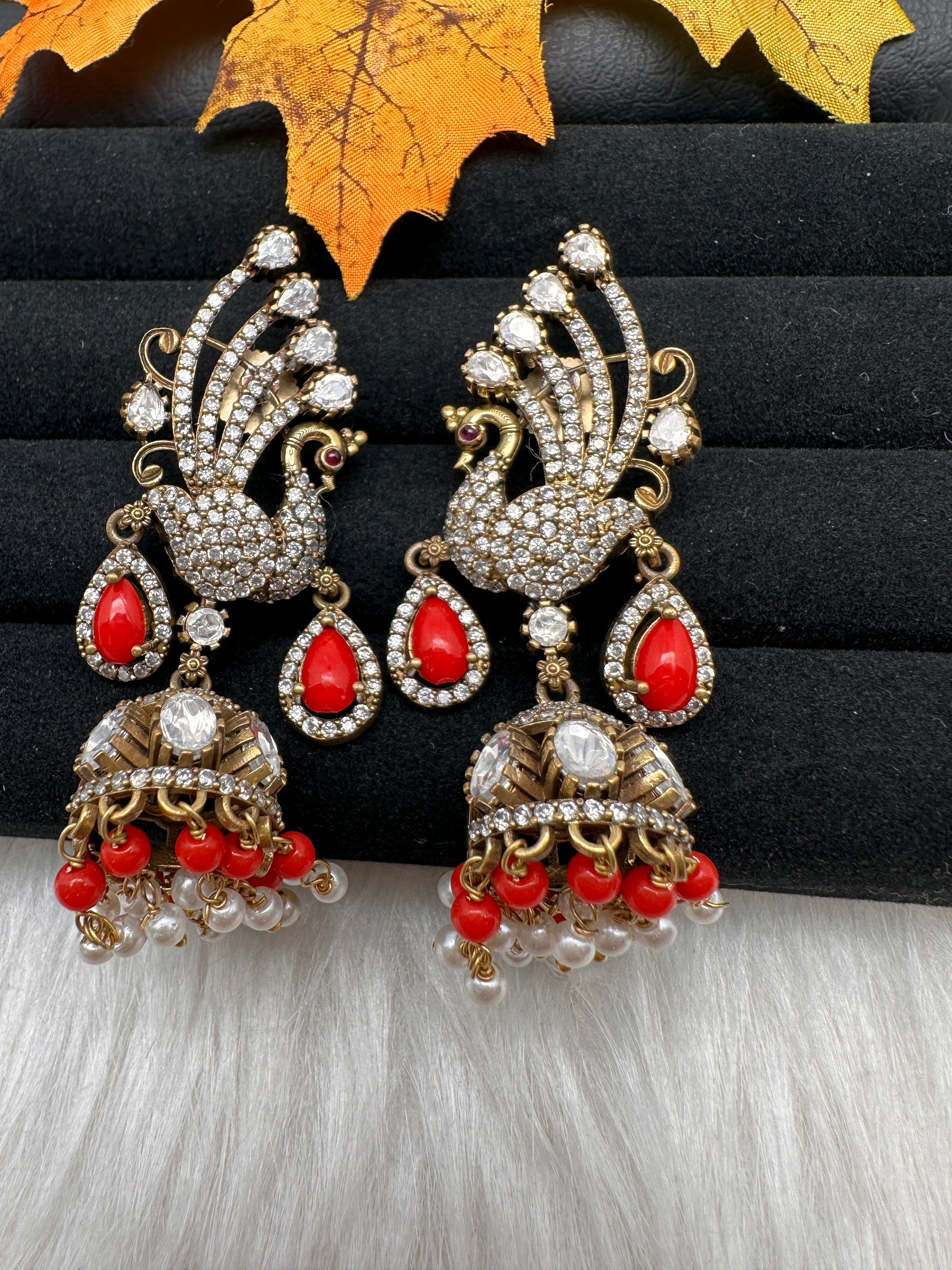 Peacock AD Color Stone Victorian Jhumki Earings - Coral
