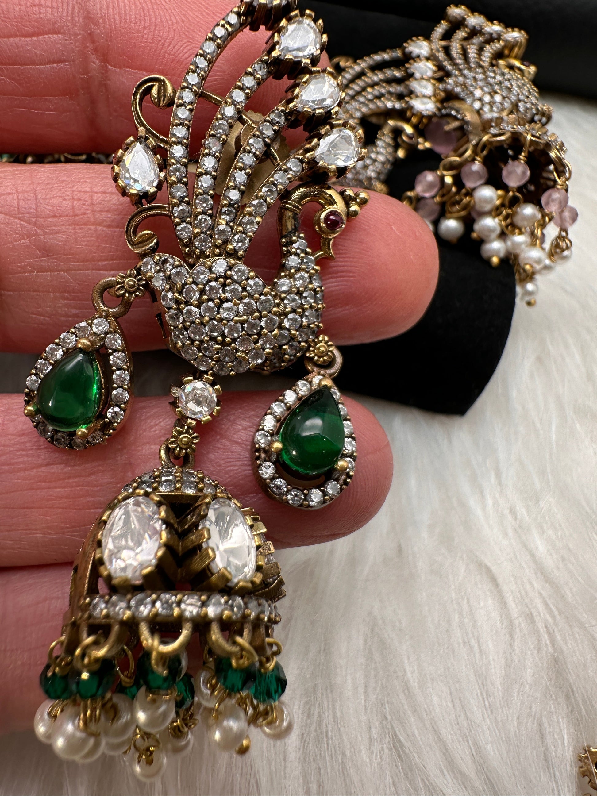 Peacock AD Color Stone Victorian Jhumki Earings - Green