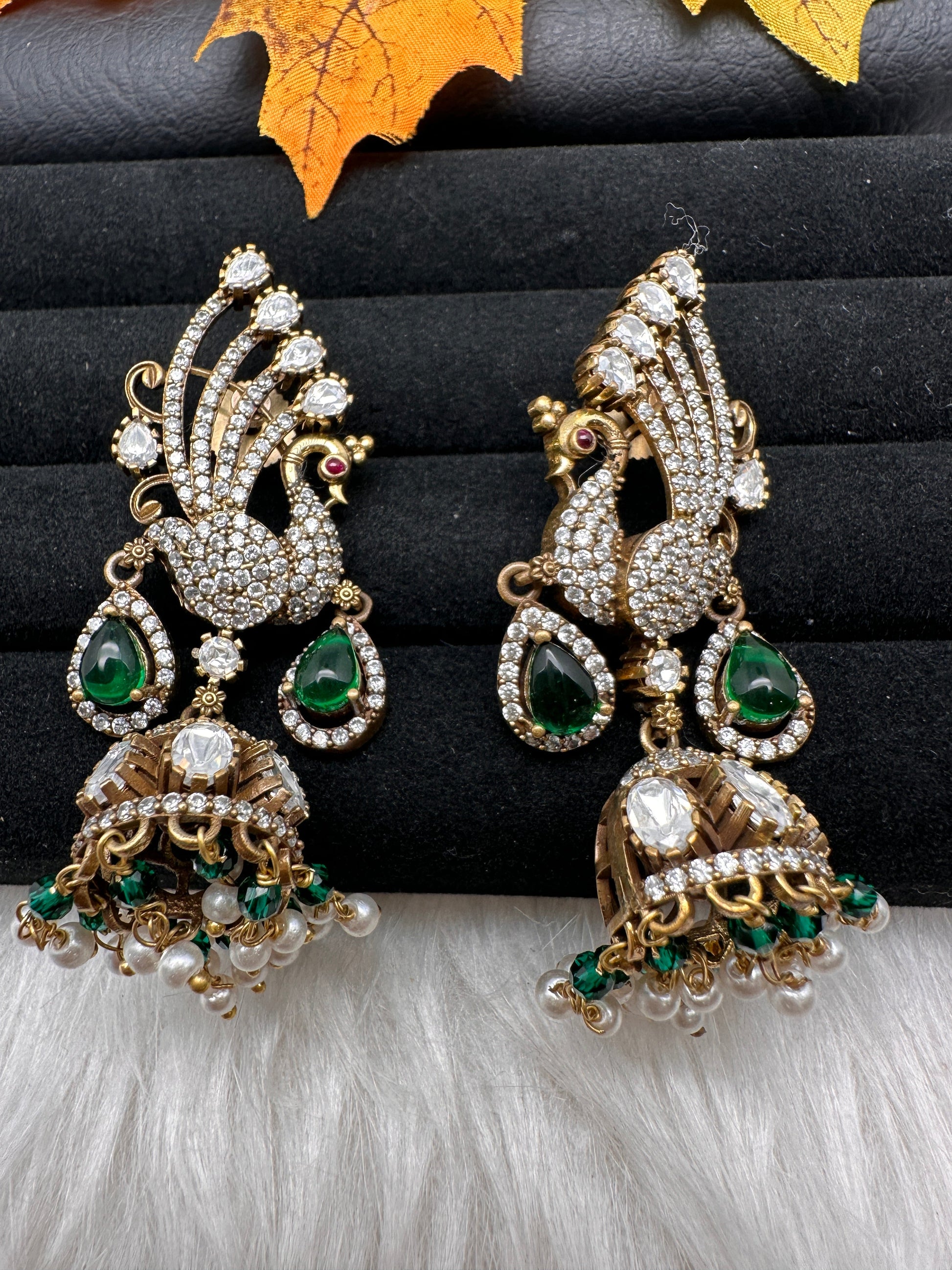 Peacock AD Color Stone Victorian Jhumki Earings - Green