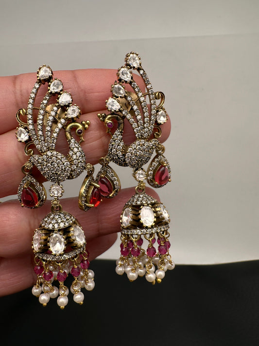 Peacock AD Color Stone Victorian Jhumki Earings - Red