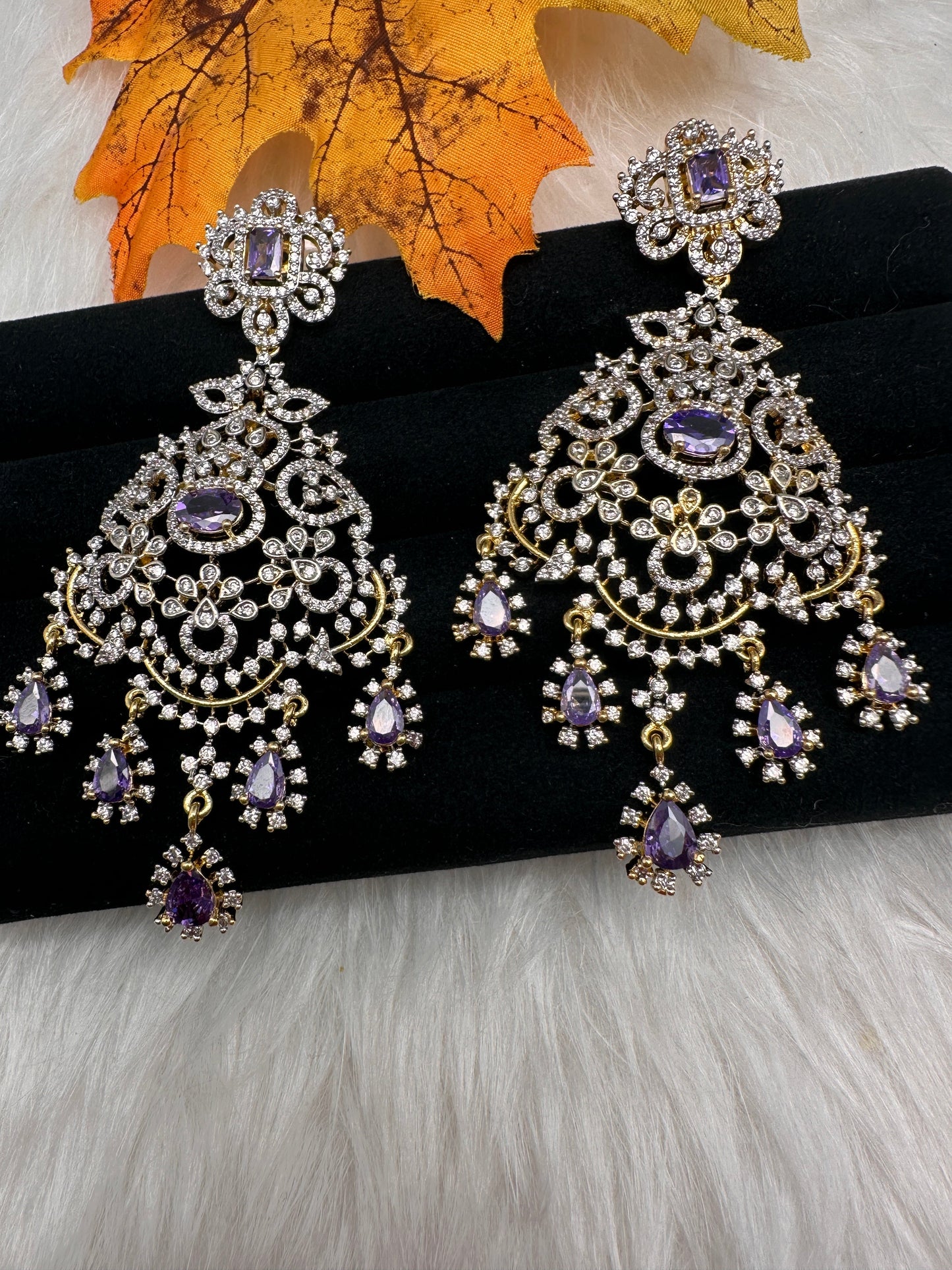 AD Color Stone Statement Earrings - Purple