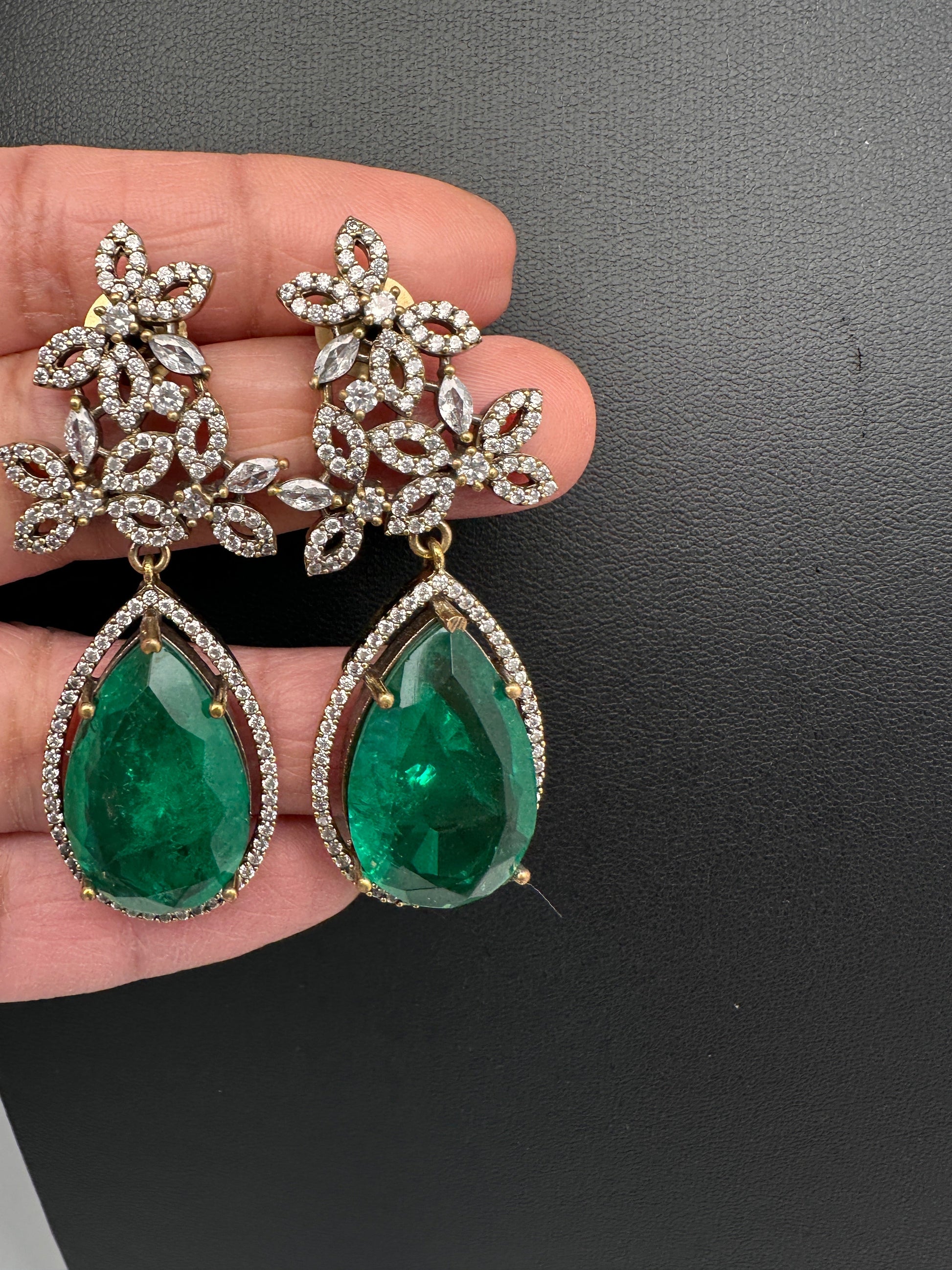 AD Doublet Color Stone Statement Earrings - Green
