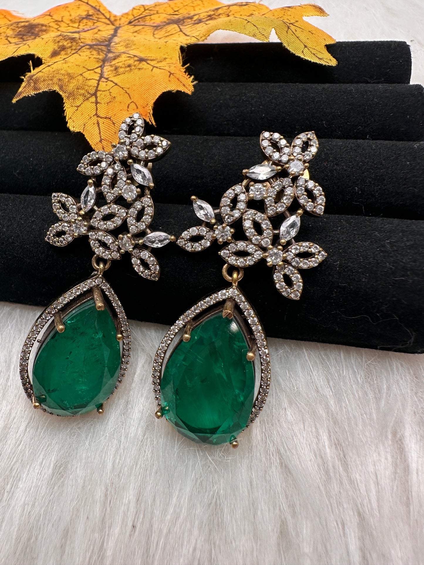 AD Doublet Color Stone Statement Earrings - Green