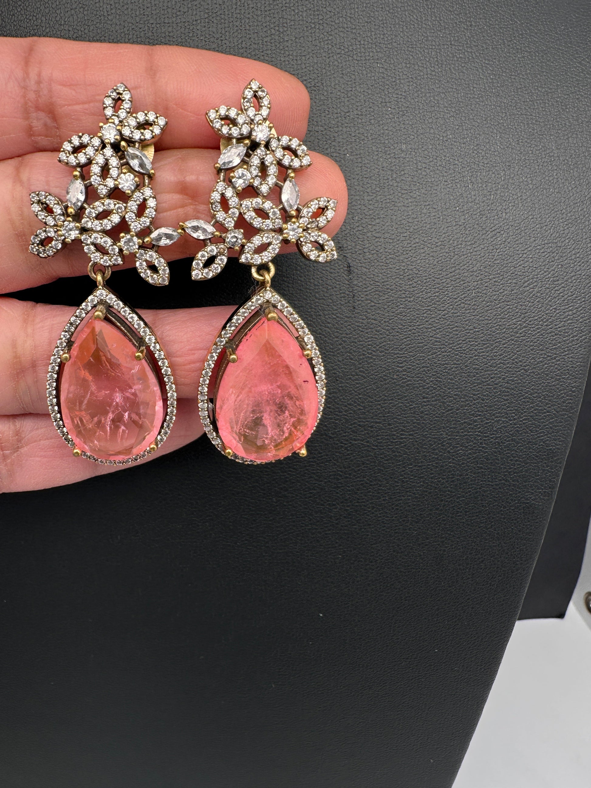 AD Doublet Color Stone Statement Earrings - Pink