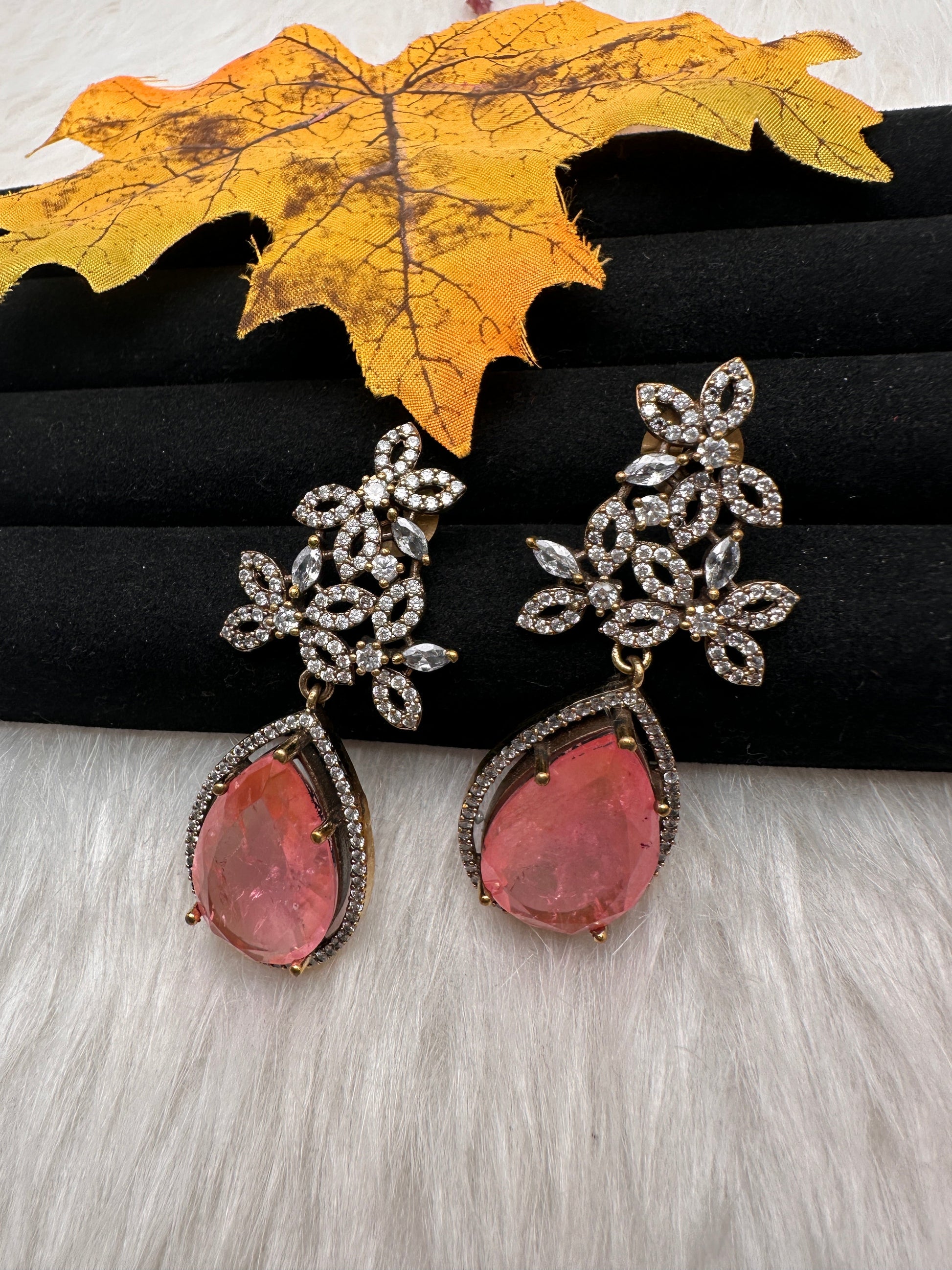 AD Doublet Color Stone Statement Earrings - Pink
