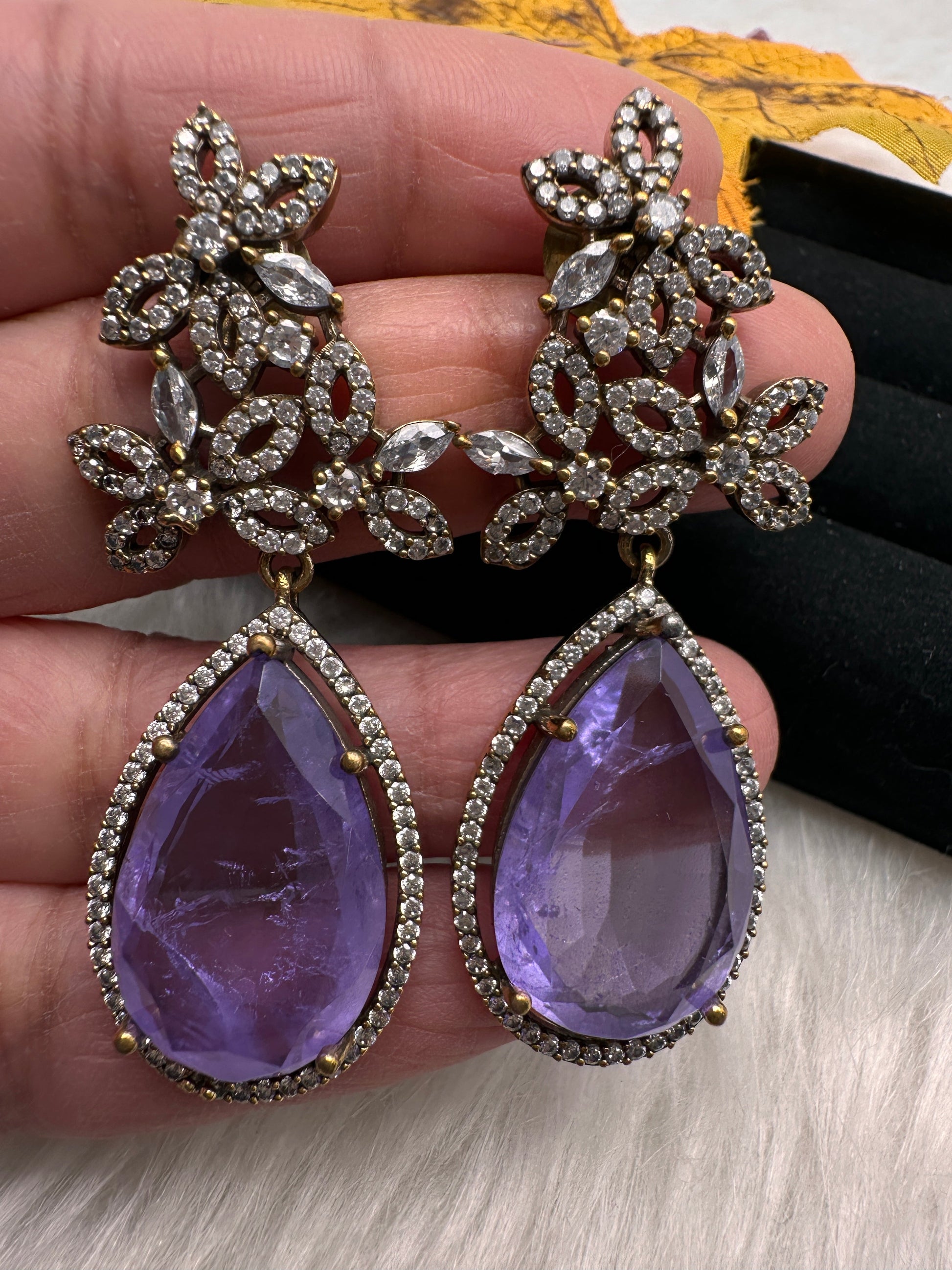 AD Doublet Color Stone Statement Earrings - Purple