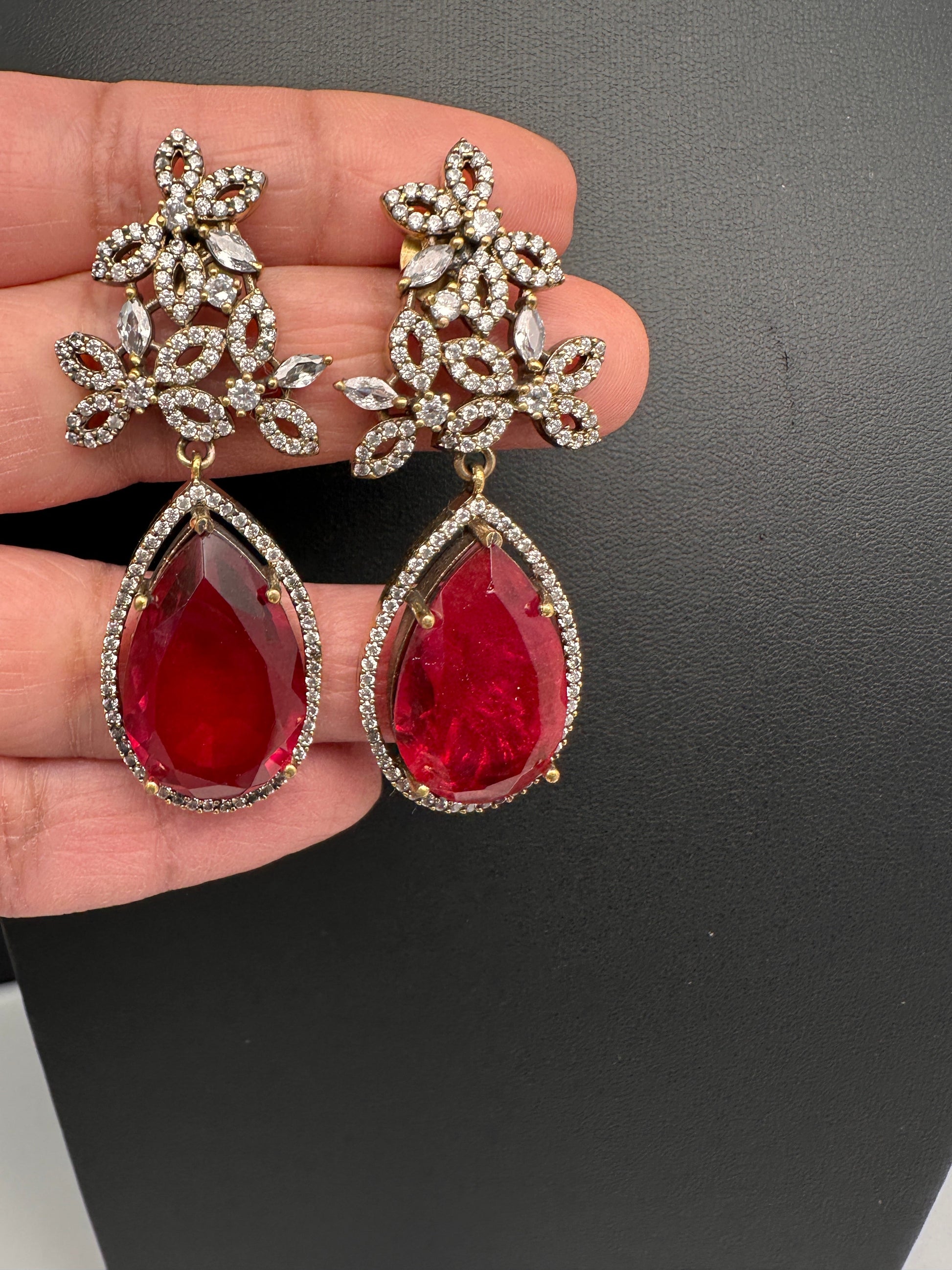 AD Doublet Color Stone Statement Earrings - Red