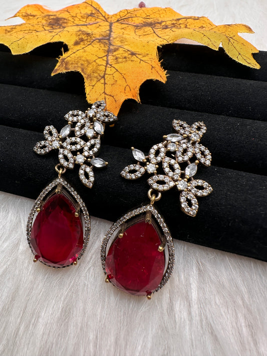 AD Doublet Color Stone Statement Earrings - Red