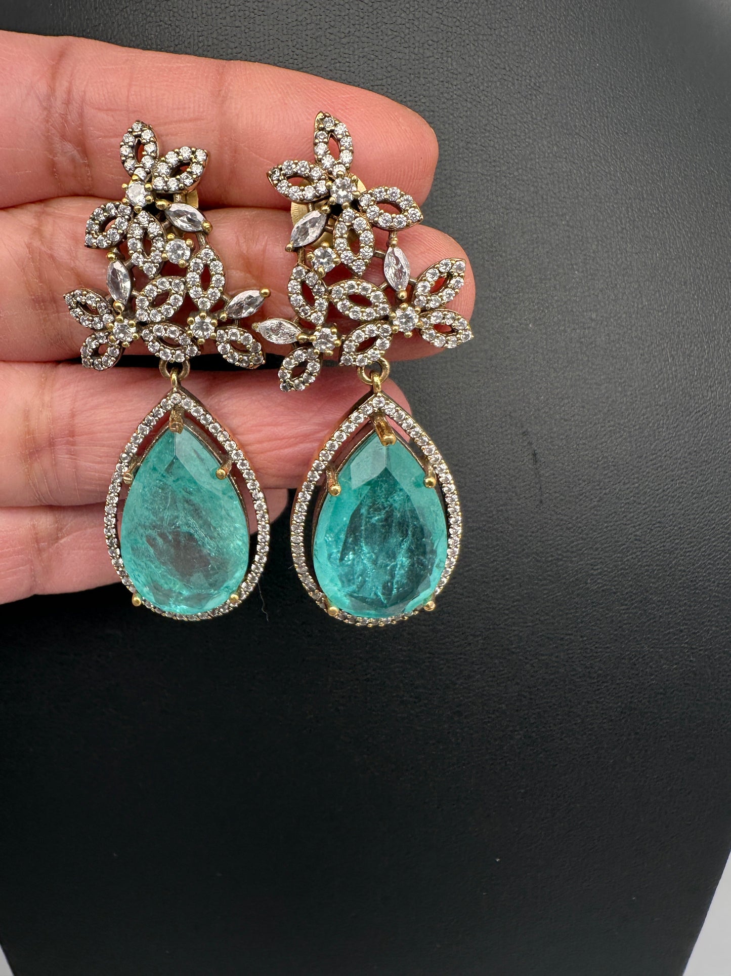 AD Doublet Color Stone Statement Earrings - TealGreen
