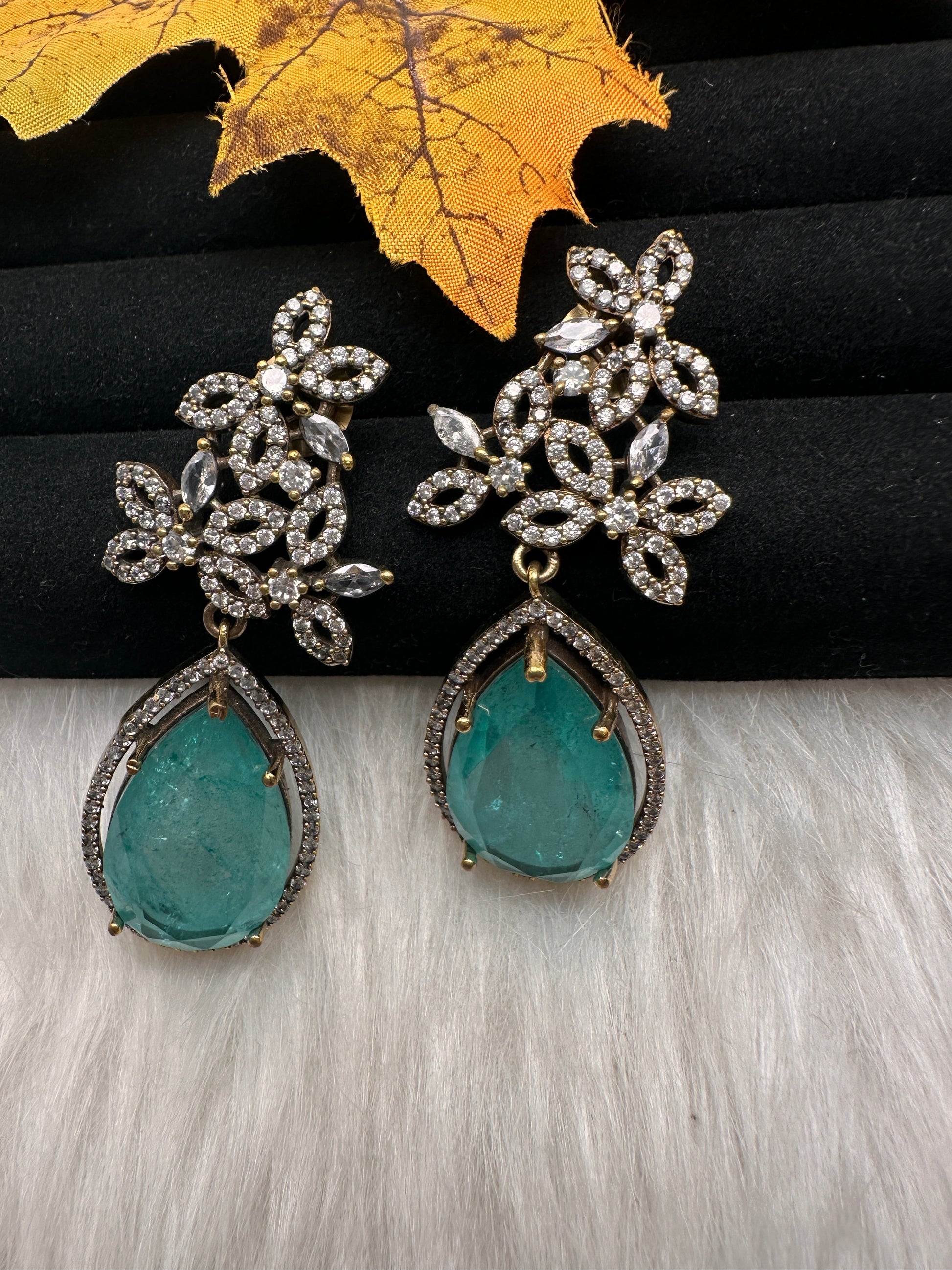 AD Doublet Color Stone Statement Earrings - TealGreen