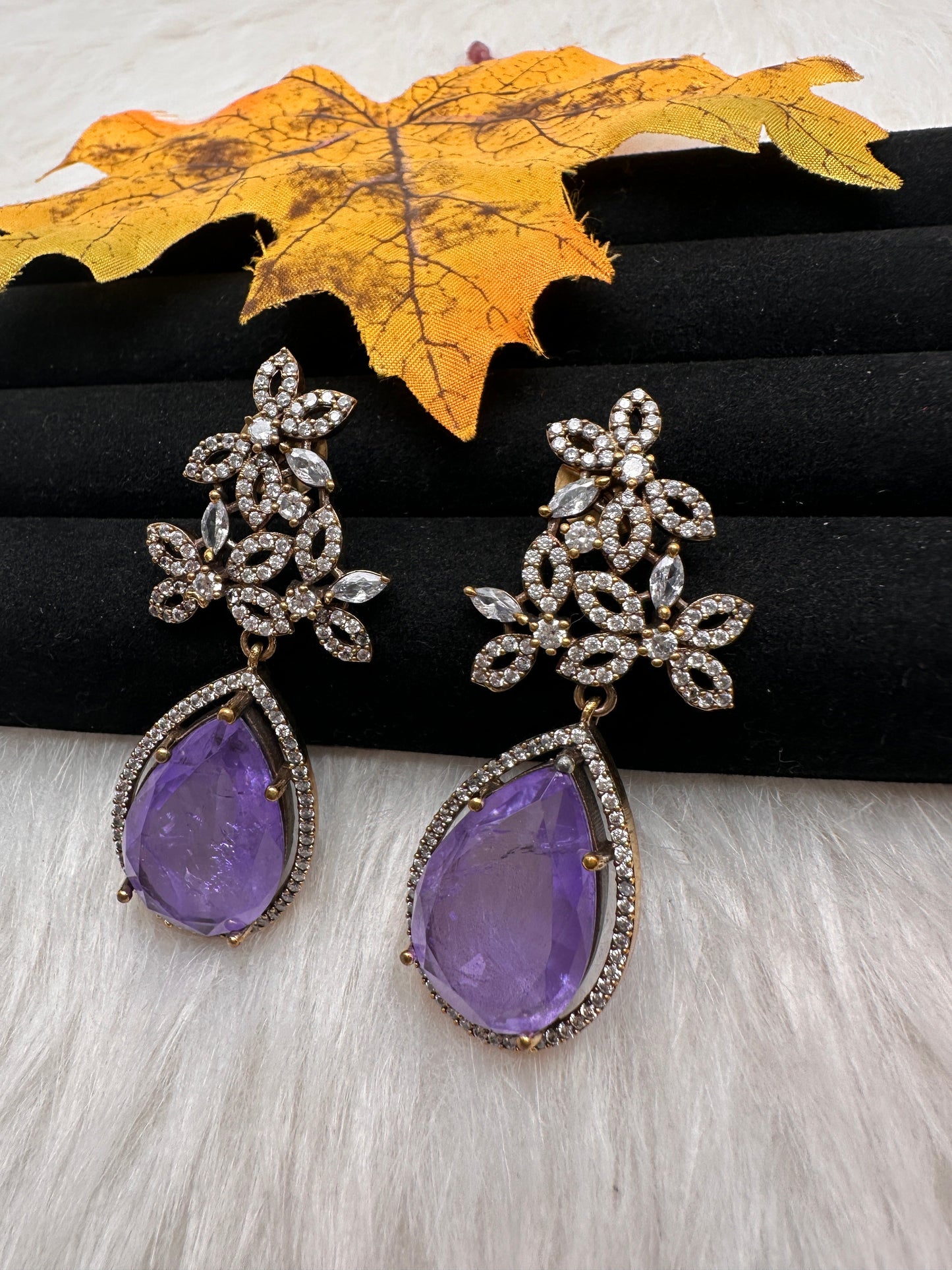AD Doublet Color Stone Statement Earrings - Purple