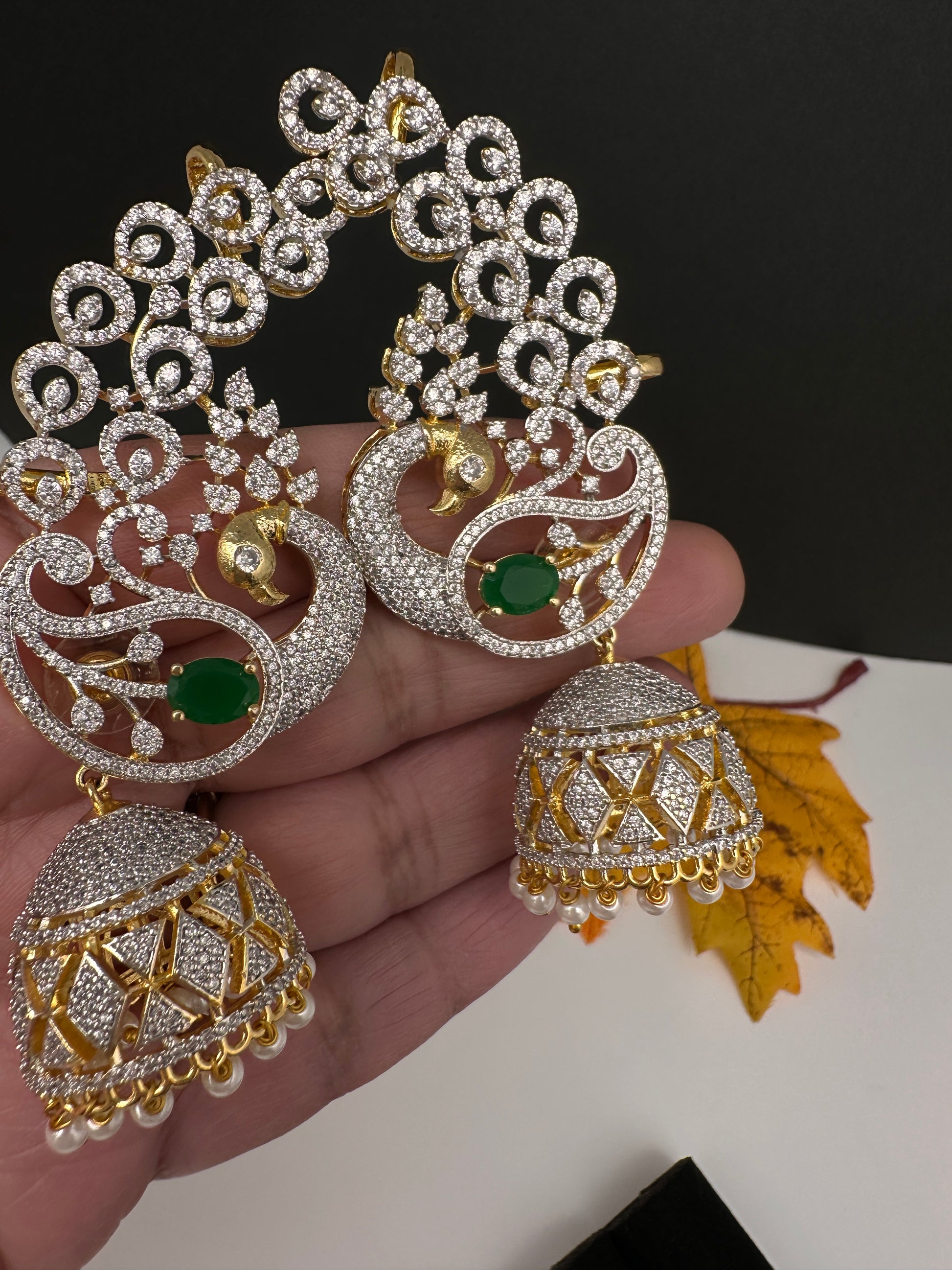AD  Color Stone Peacock Ear Cuffs Statement Earrings - Green