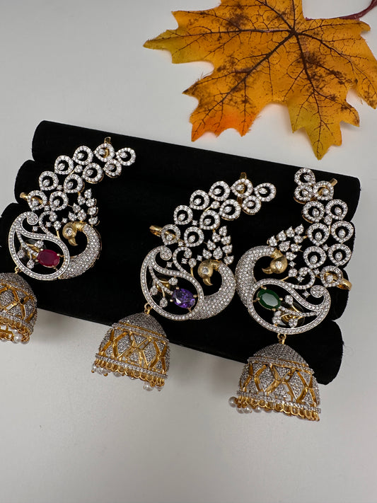 AD  Color Stone Peacock Ear Cuffs Statement Earrings - Green