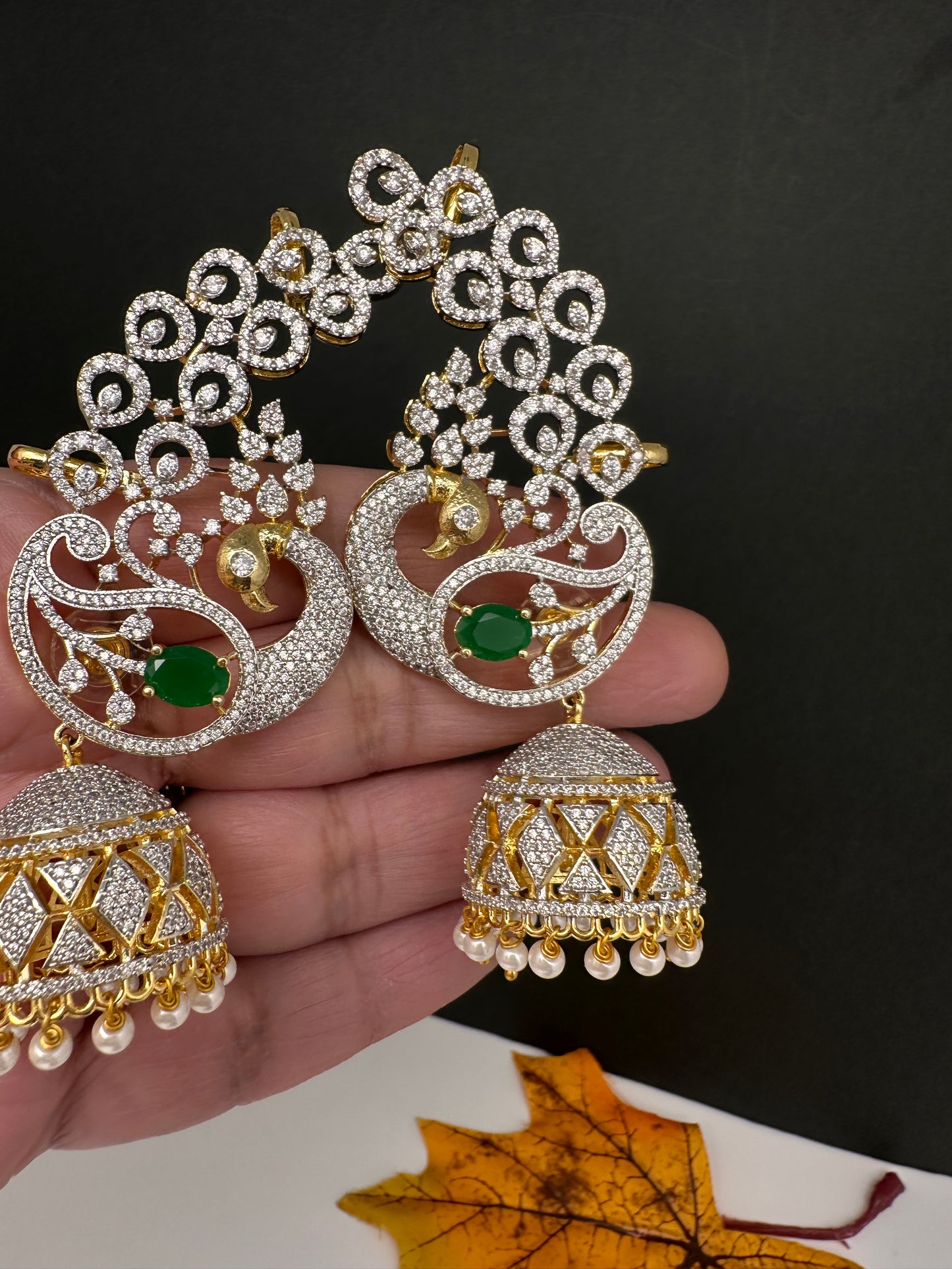 AD  Color Stone Peacock Ear Cuffs Statement Earrings - Green