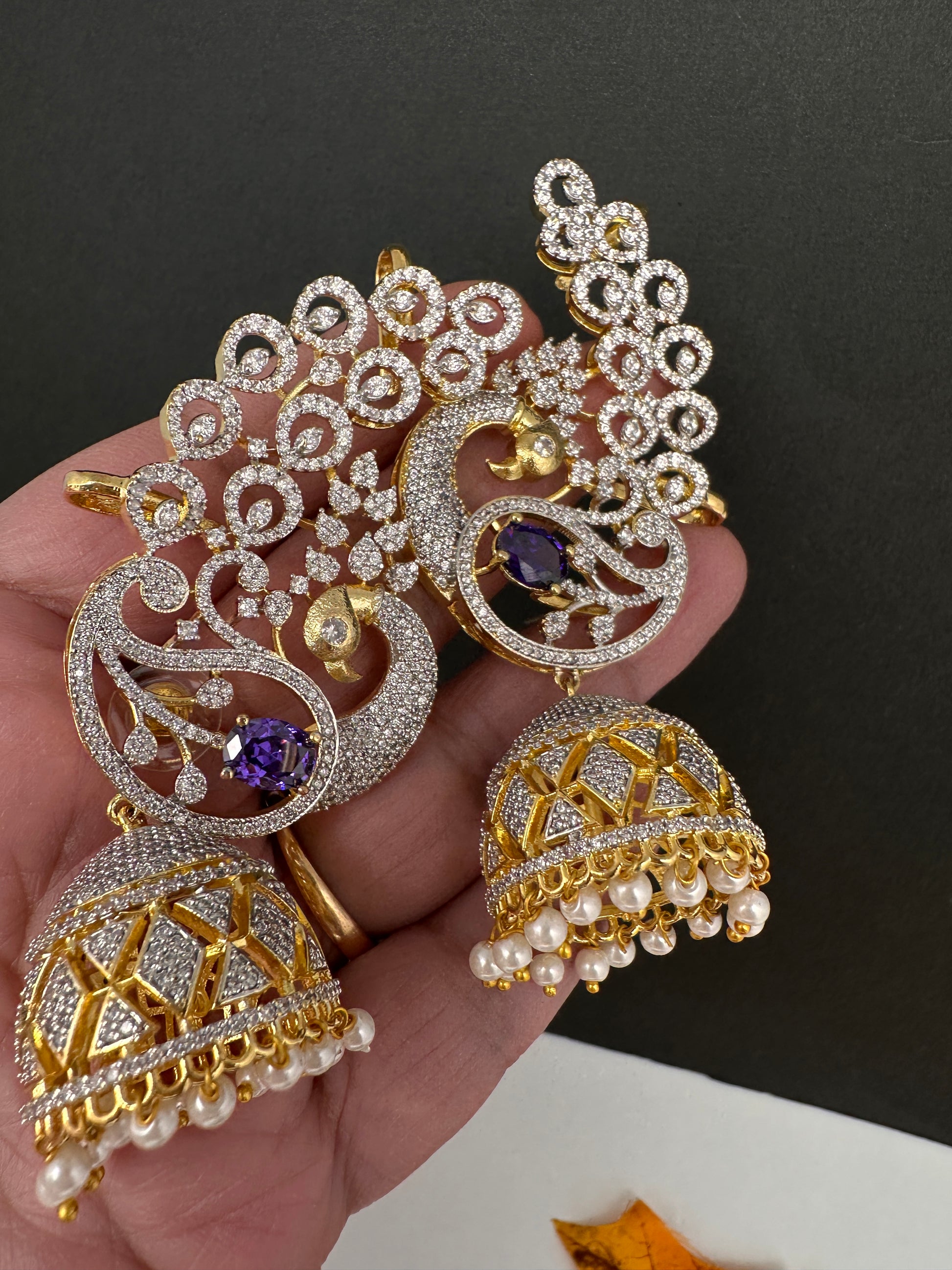 AD  Color Stone Peacock Ear Cuffs Statement Earrings - Purple