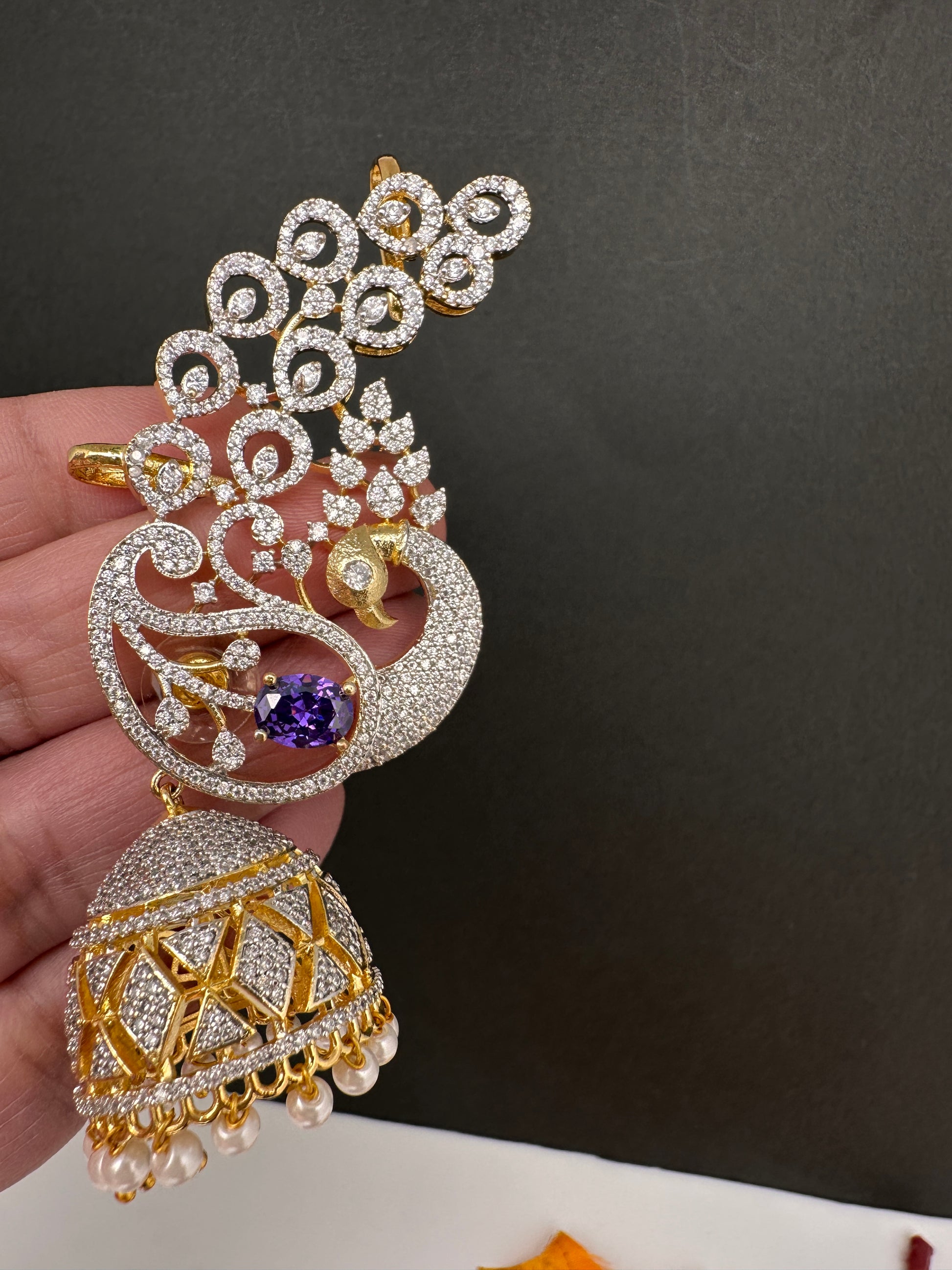 AD  Color Stone Peacock Ear Cuffs Statement Earrings - Purple