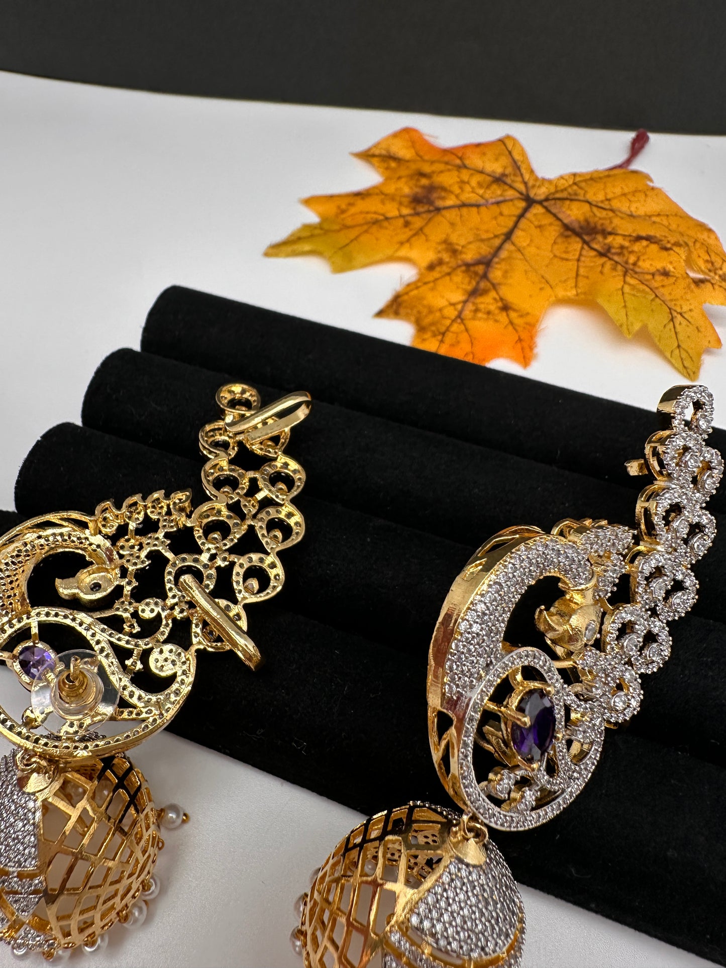 AD  Color Stone Peacock Ear Cuffs Statement Earrings - Purple