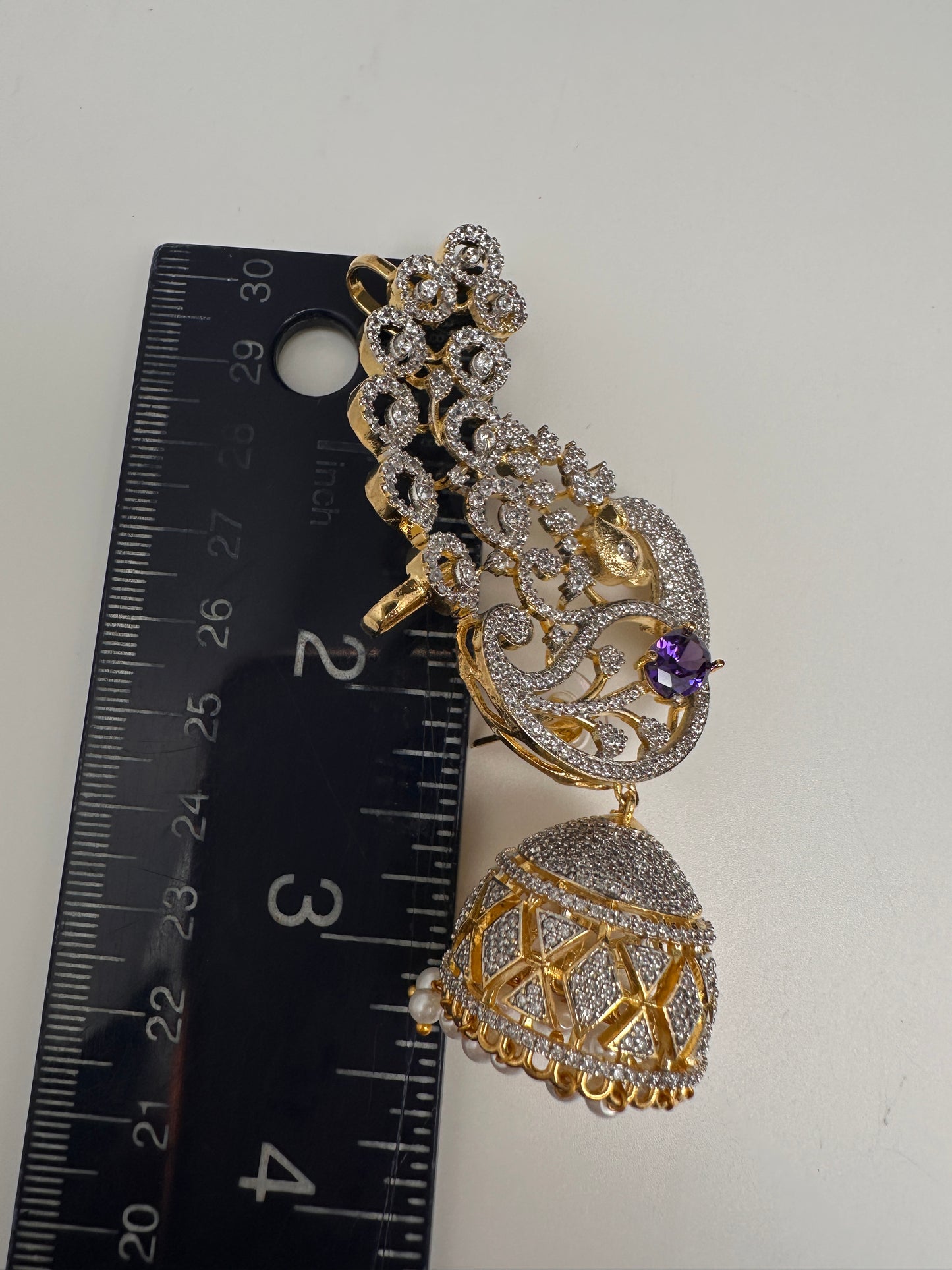 AD  Color Stone Peacock Ear Cuffs Statement Earrings - Purple