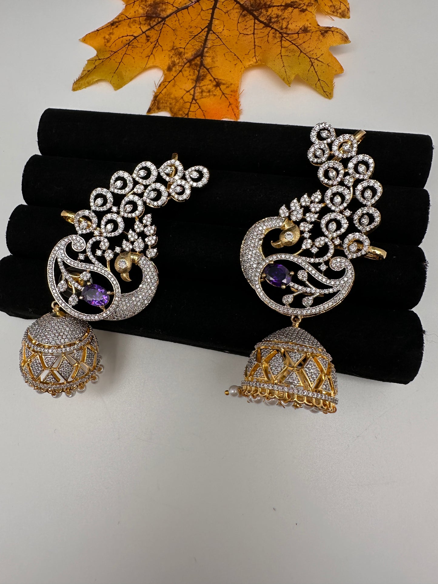 AD  Color Stone Peacock Ear Cuffs Statement Earrings - Purple