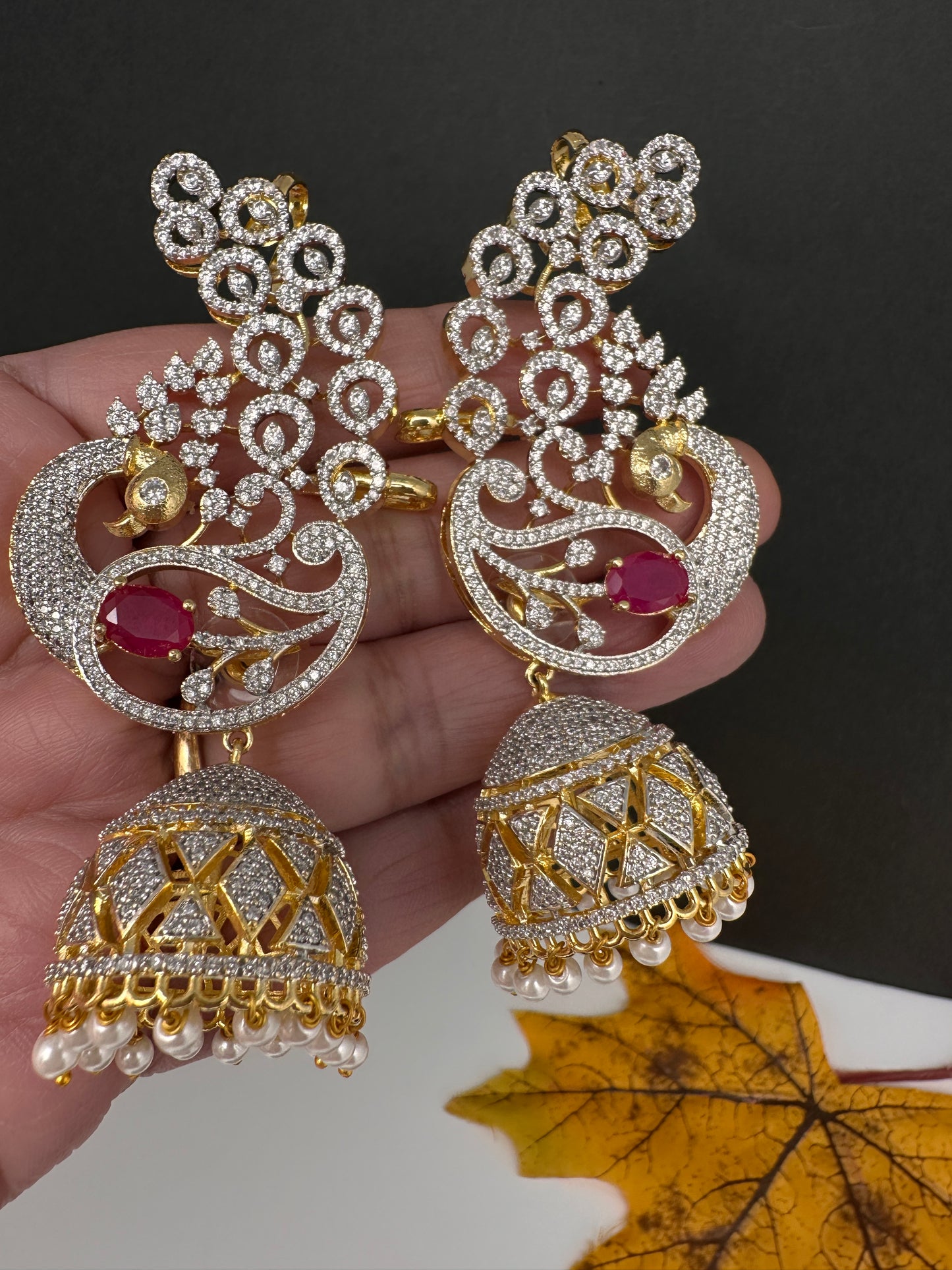 AD  Color Stone Peacock Ear Cuffs Statement Earrings - Red