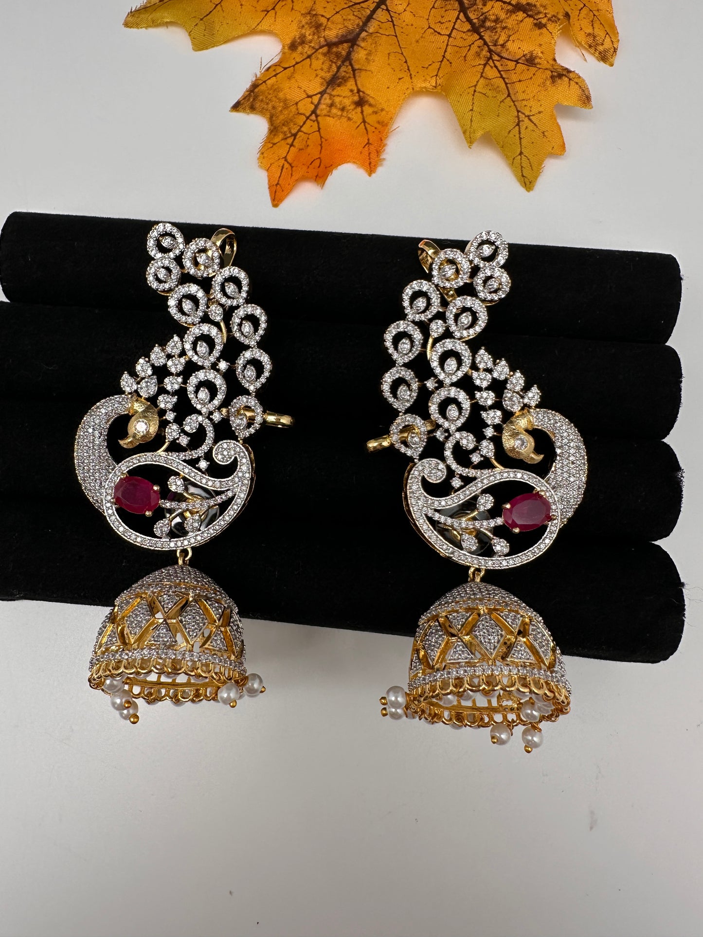 AD  Color Stone Peacock Ear Cuffs Statement Earrings - Red