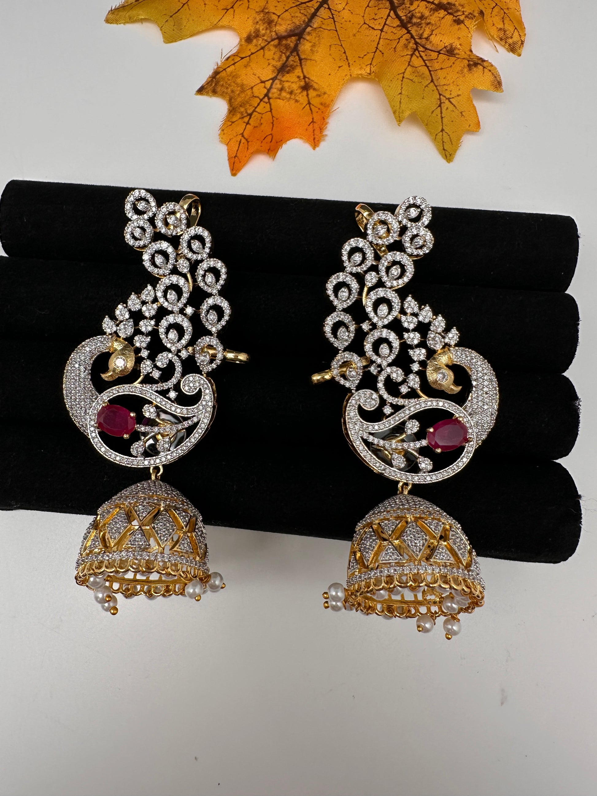 AD  Color Stone Peacock Ear Cuffs Statement Earrings - Red