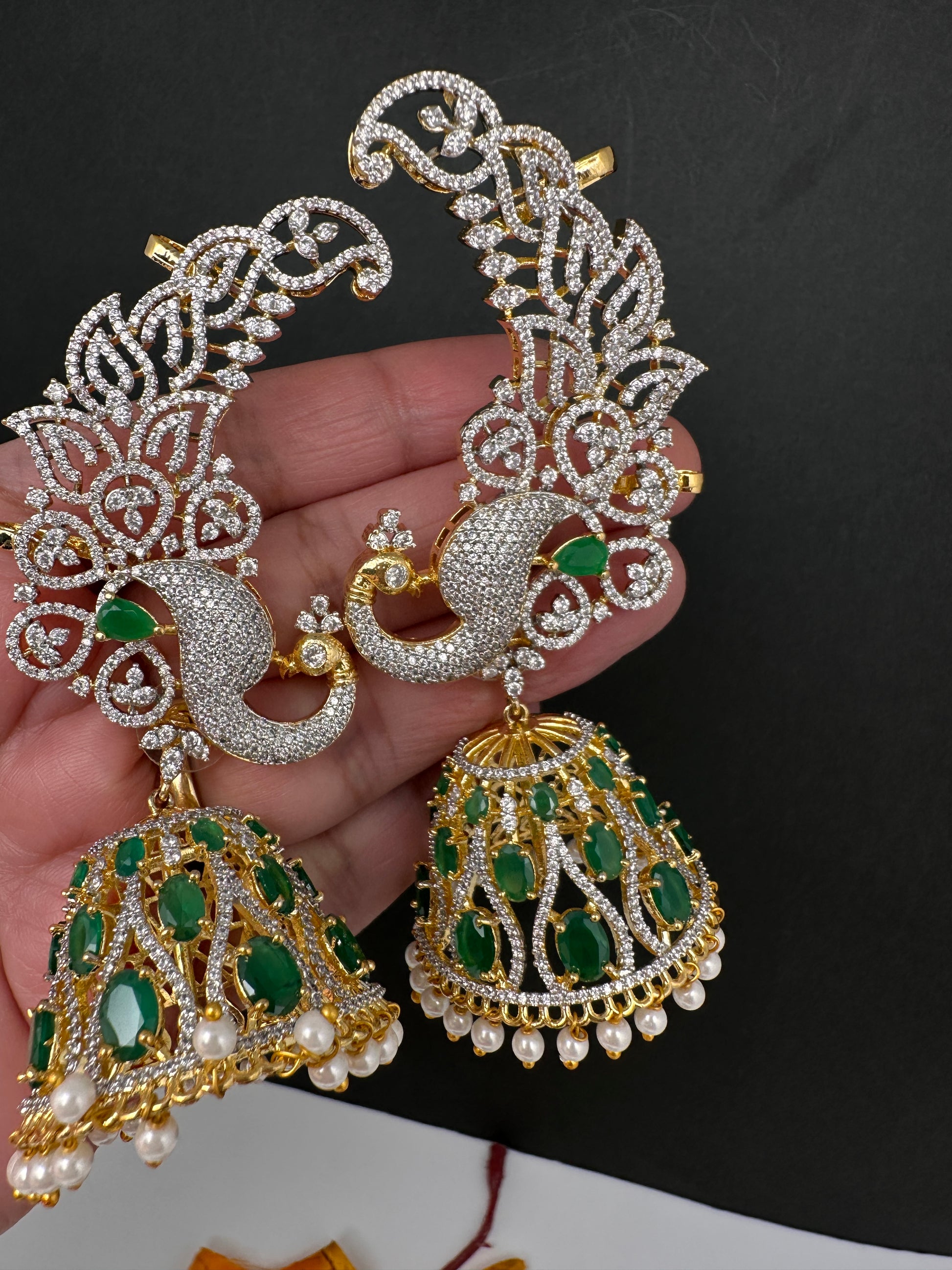 AD Emerald Green Peacock Ear Cuffs Statement Earrings - 