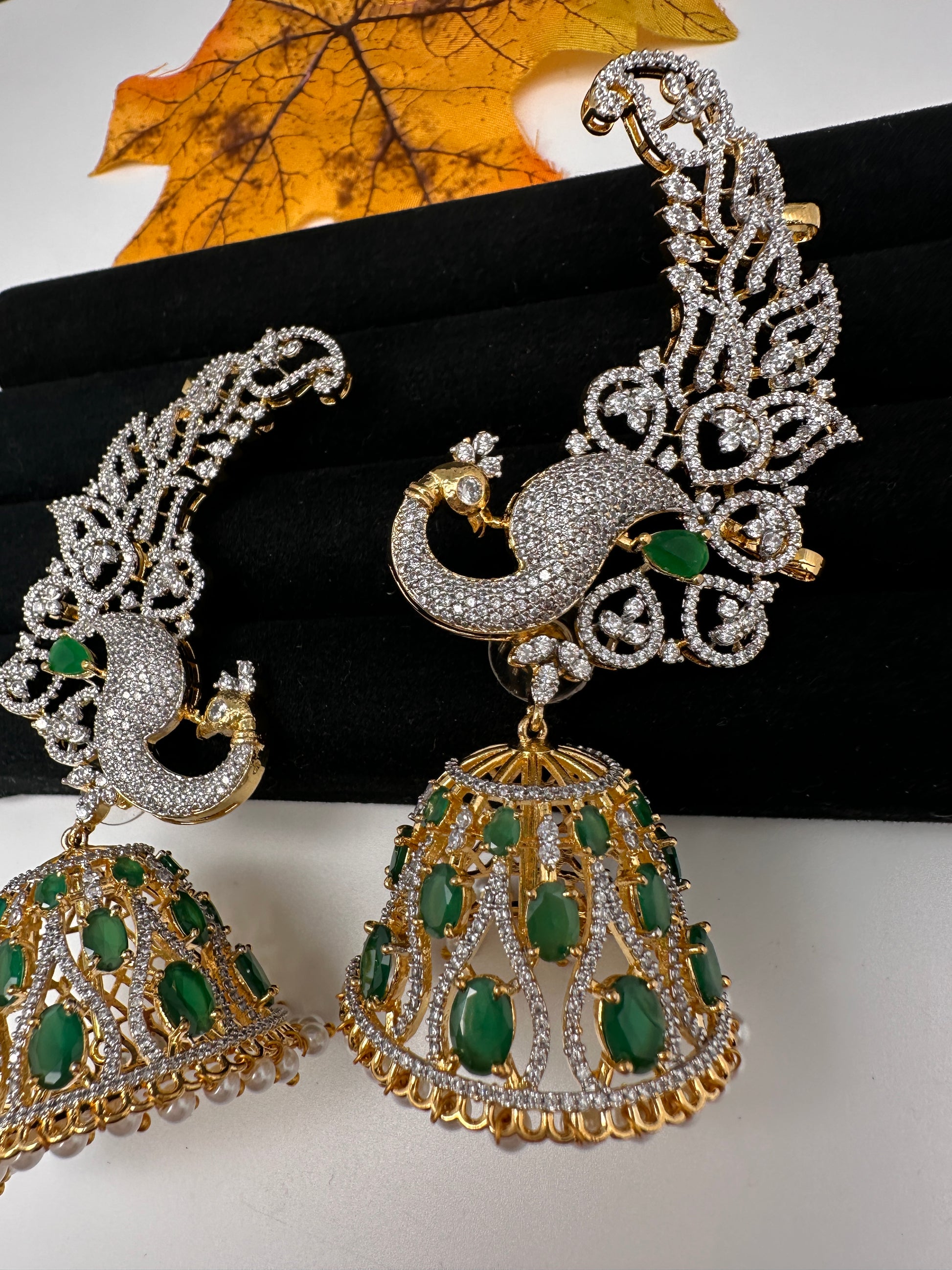 AD Emerald Green Peacock Ear Cuffs Statement Earrings - 