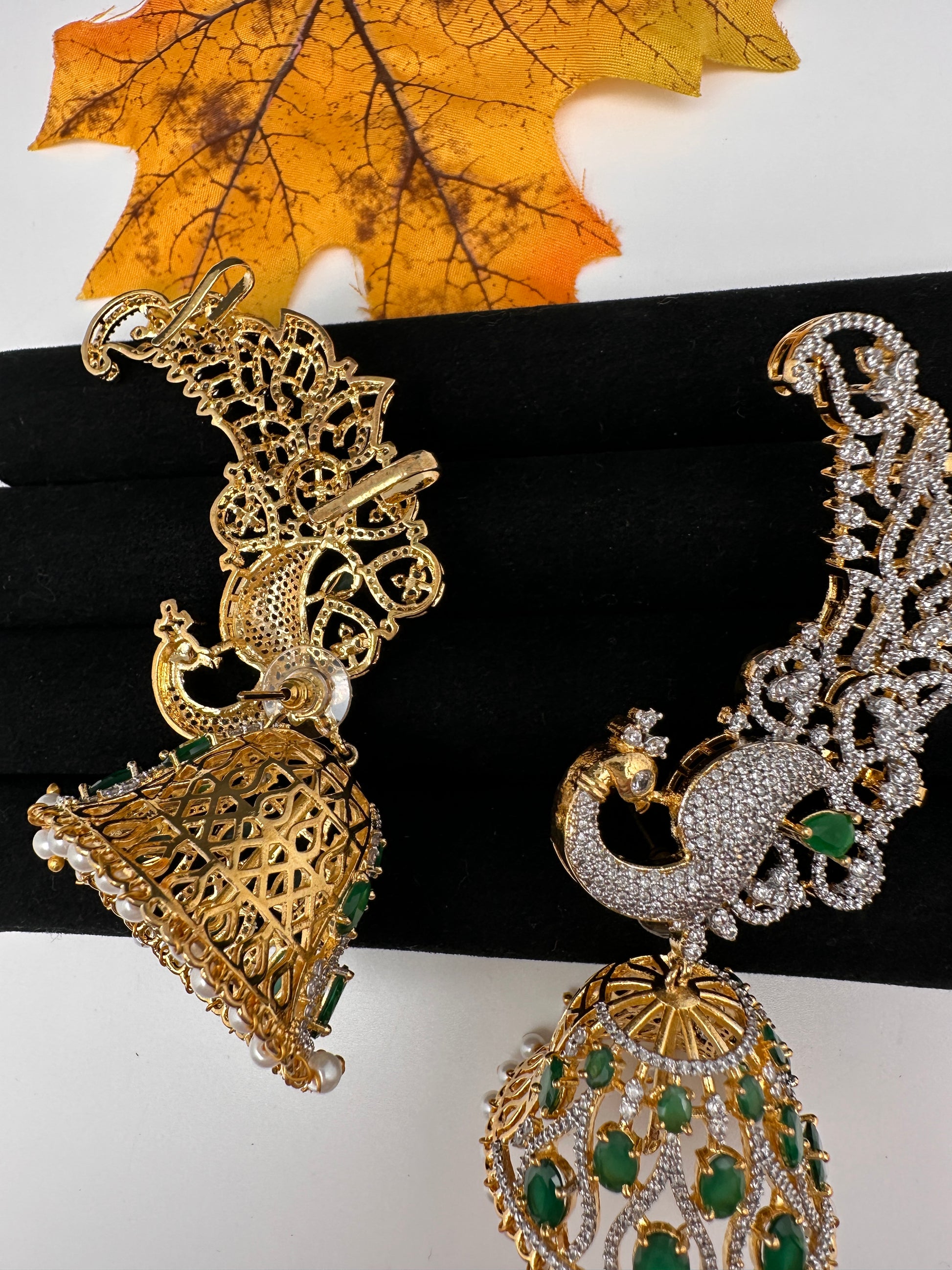 AD Emerald Green Peacock Ear Cuffs Statement Earrings - 