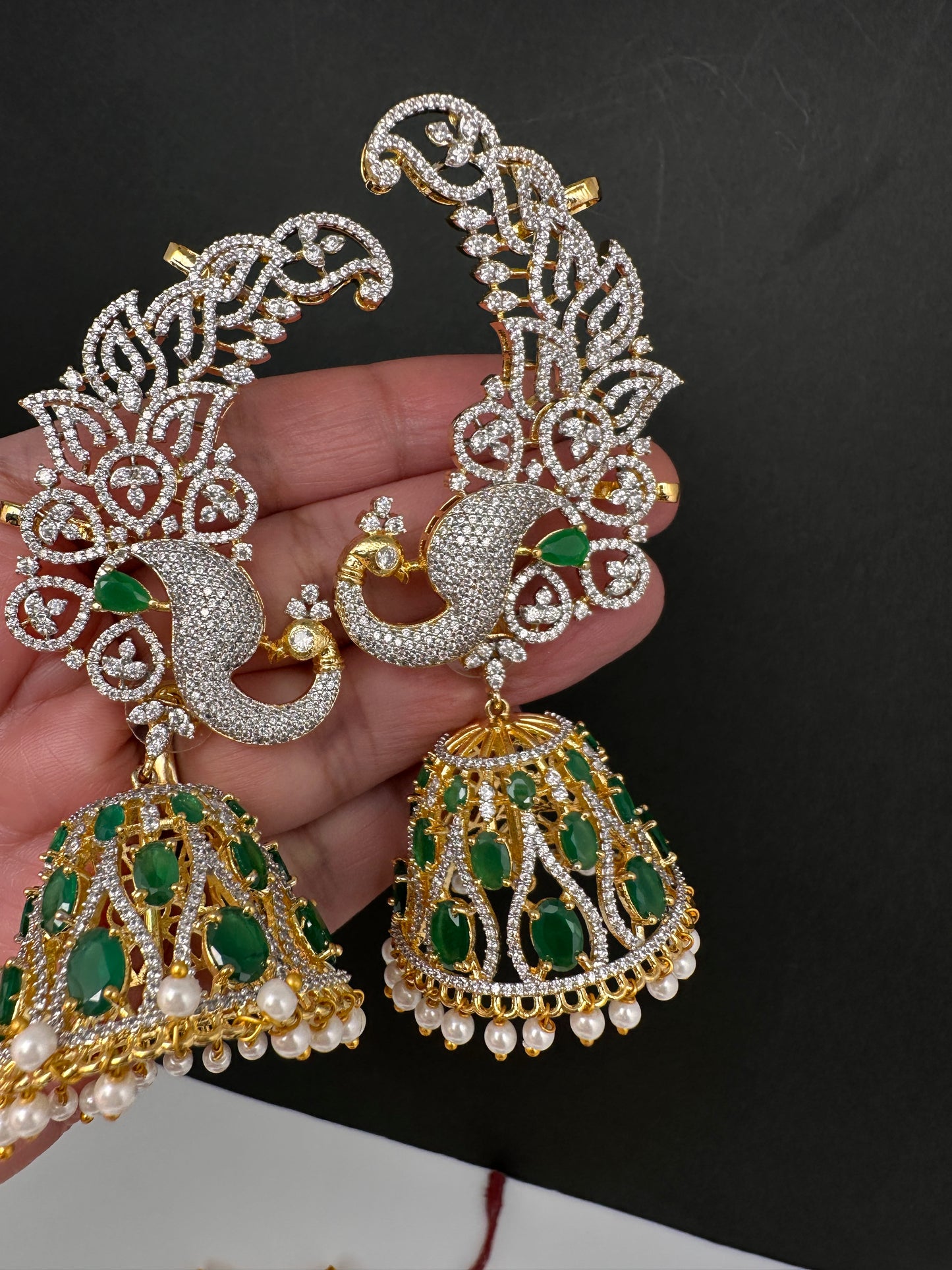 AD Emerald Green Peacock Ear Cuffs Statement Earrings - 