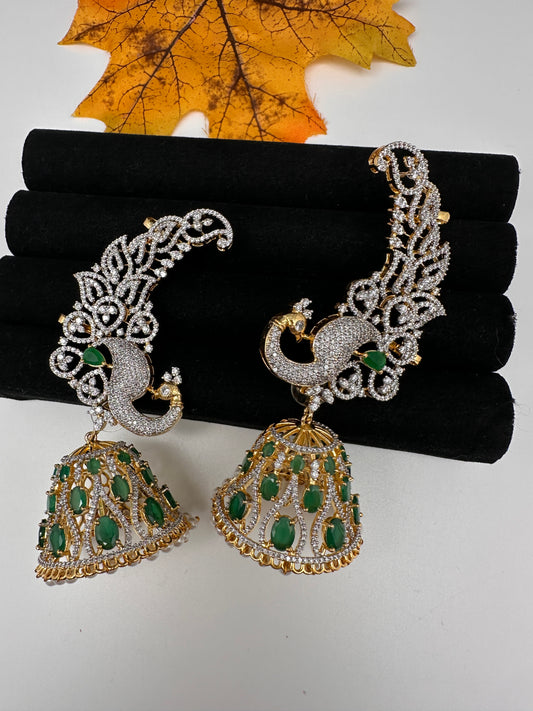 AD Emerald Green Peacock Ear Cuffs Statement Earrings - 
