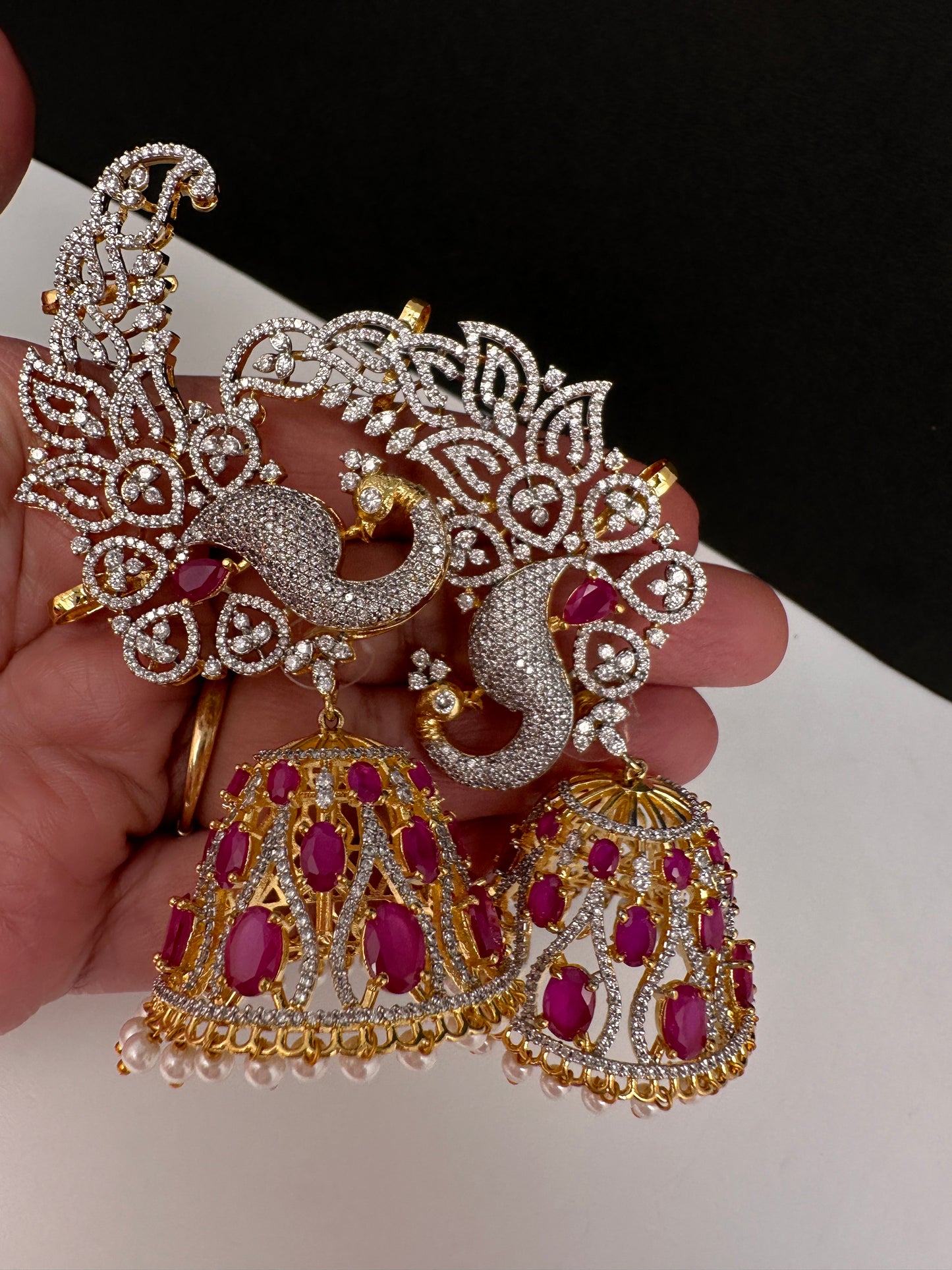 AD Ruby Pink Peacock Ear Cuffs Statement Earrings - 