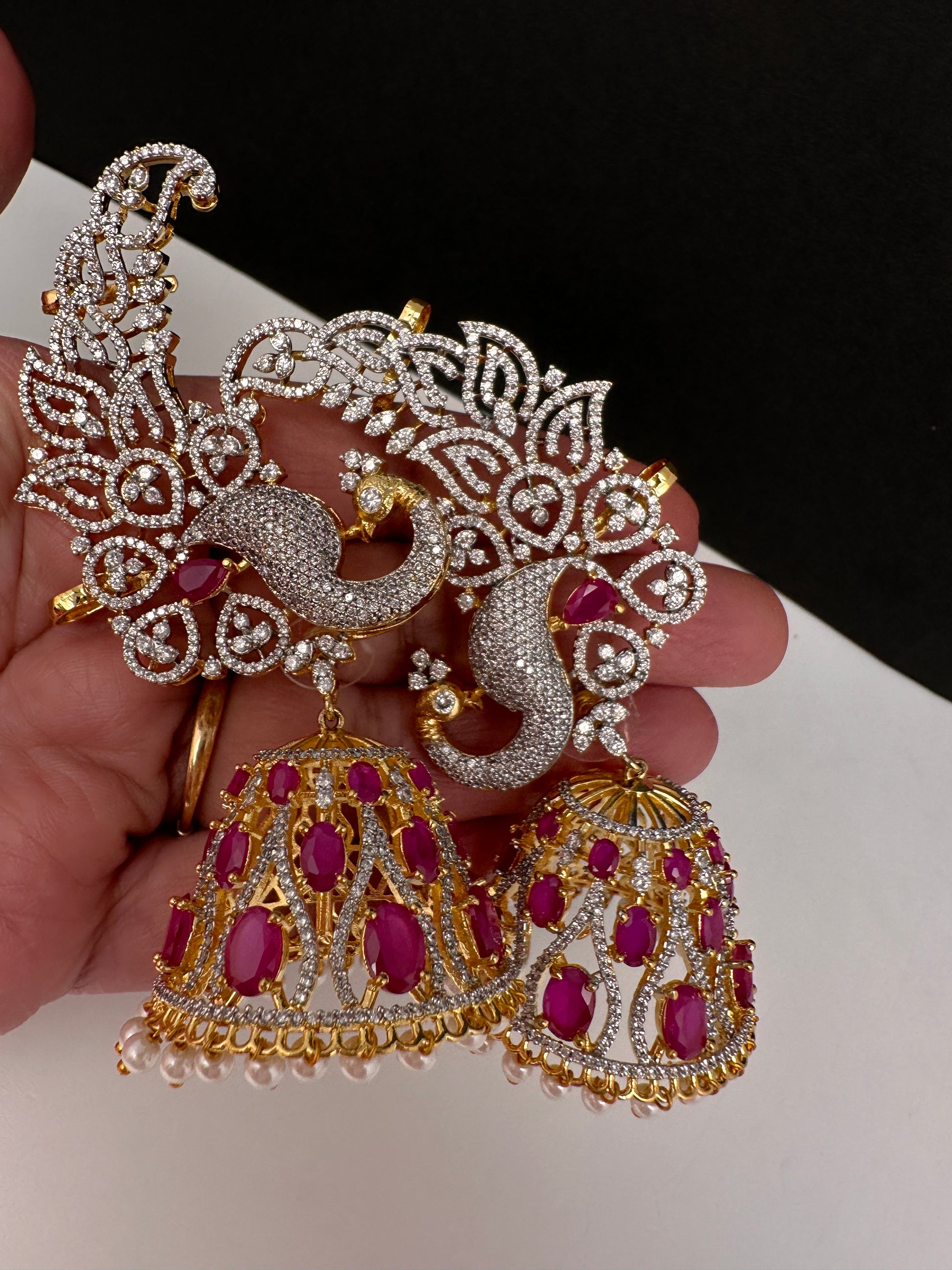 AD Ruby Pink Peacock Ear Cuffs Statement Earrings - 