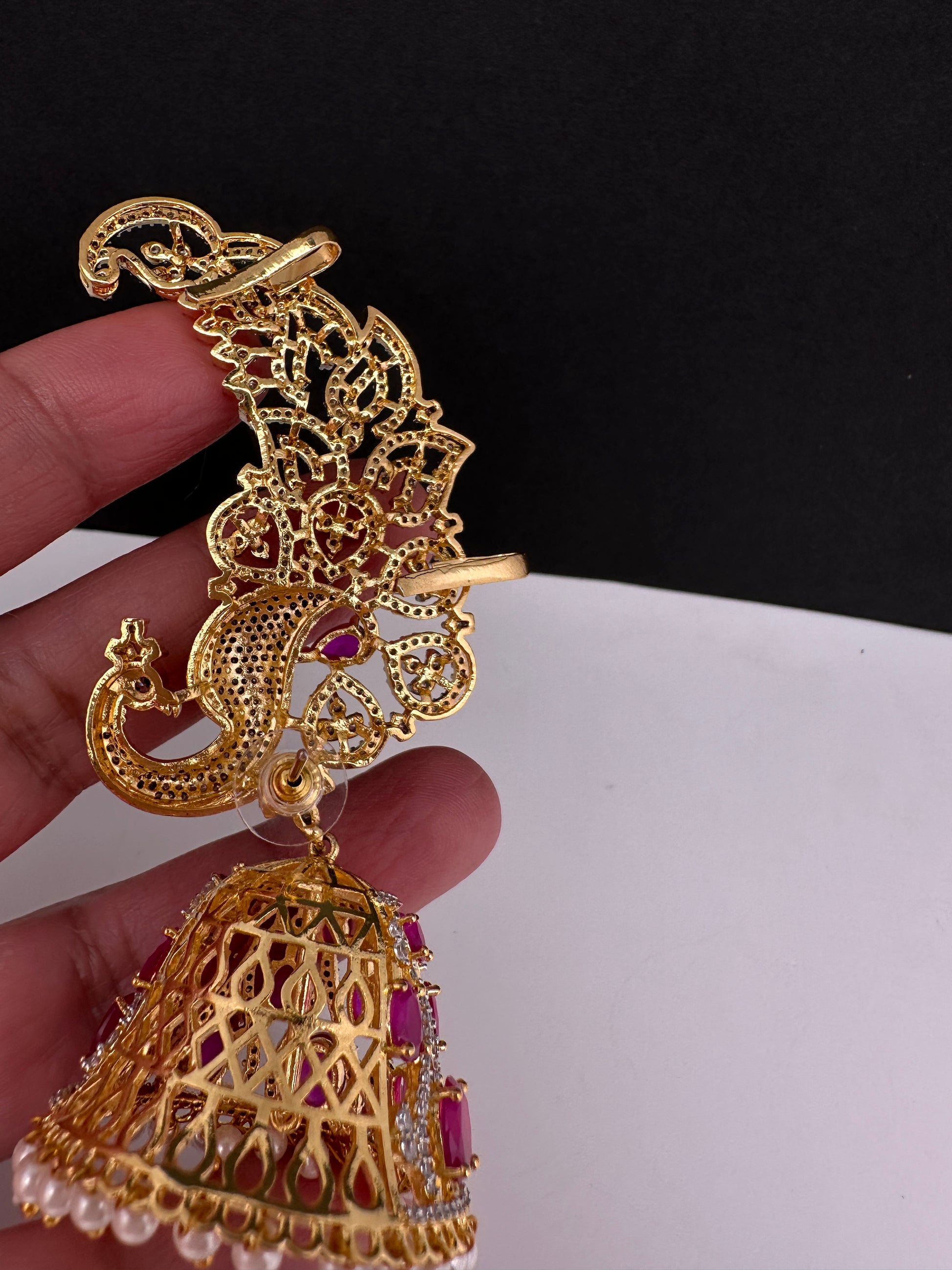 AD Ruby Pink Peacock Ear Cuffs Statement Earrings - 