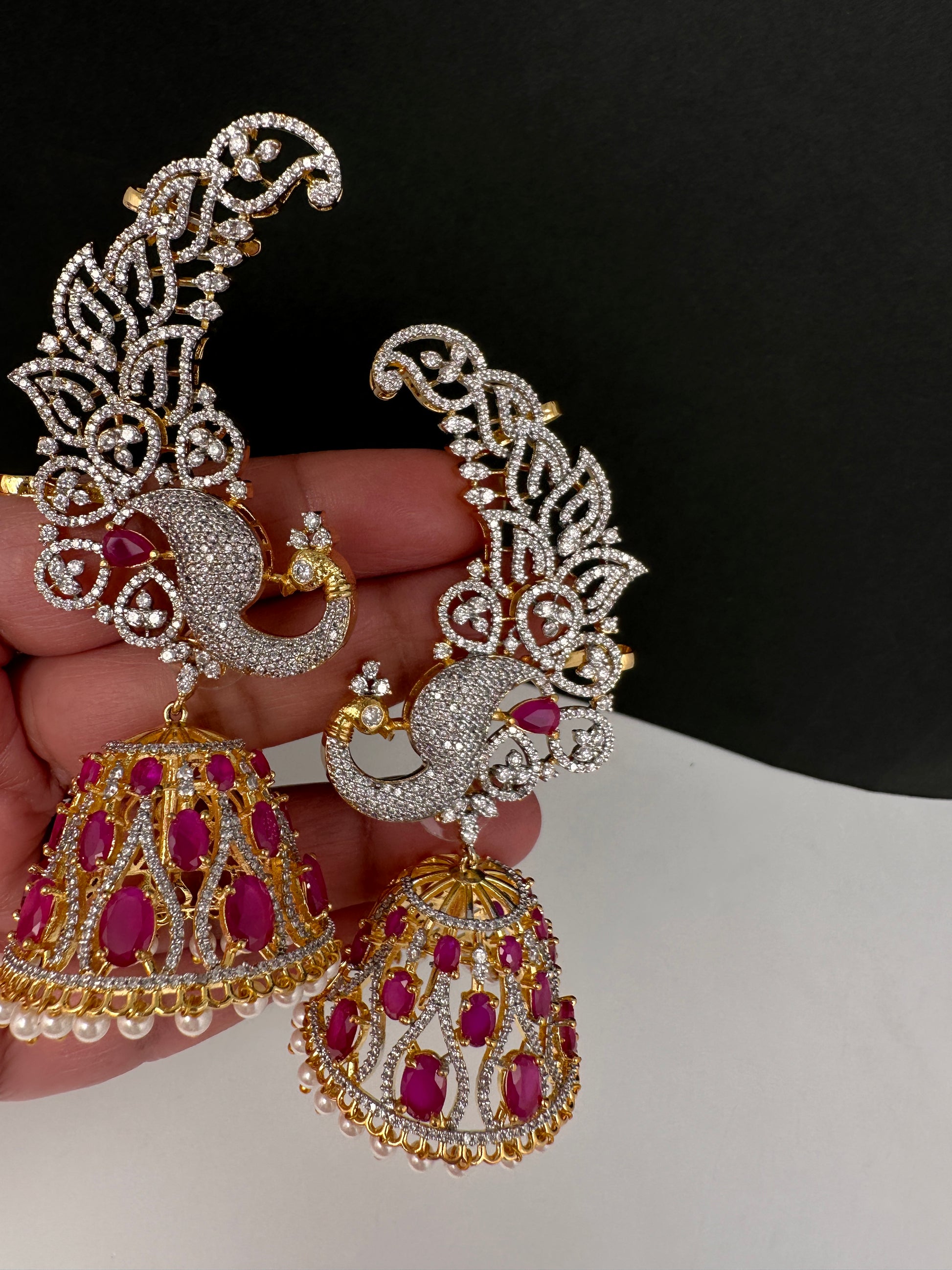 AD Ruby Pink Peacock Ear Cuffs Statement Earrings - 
