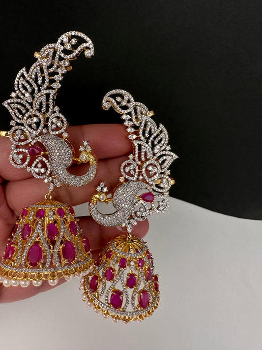 AD Ruby Pink Peacock Ear Cuffs Statement Earrings - 