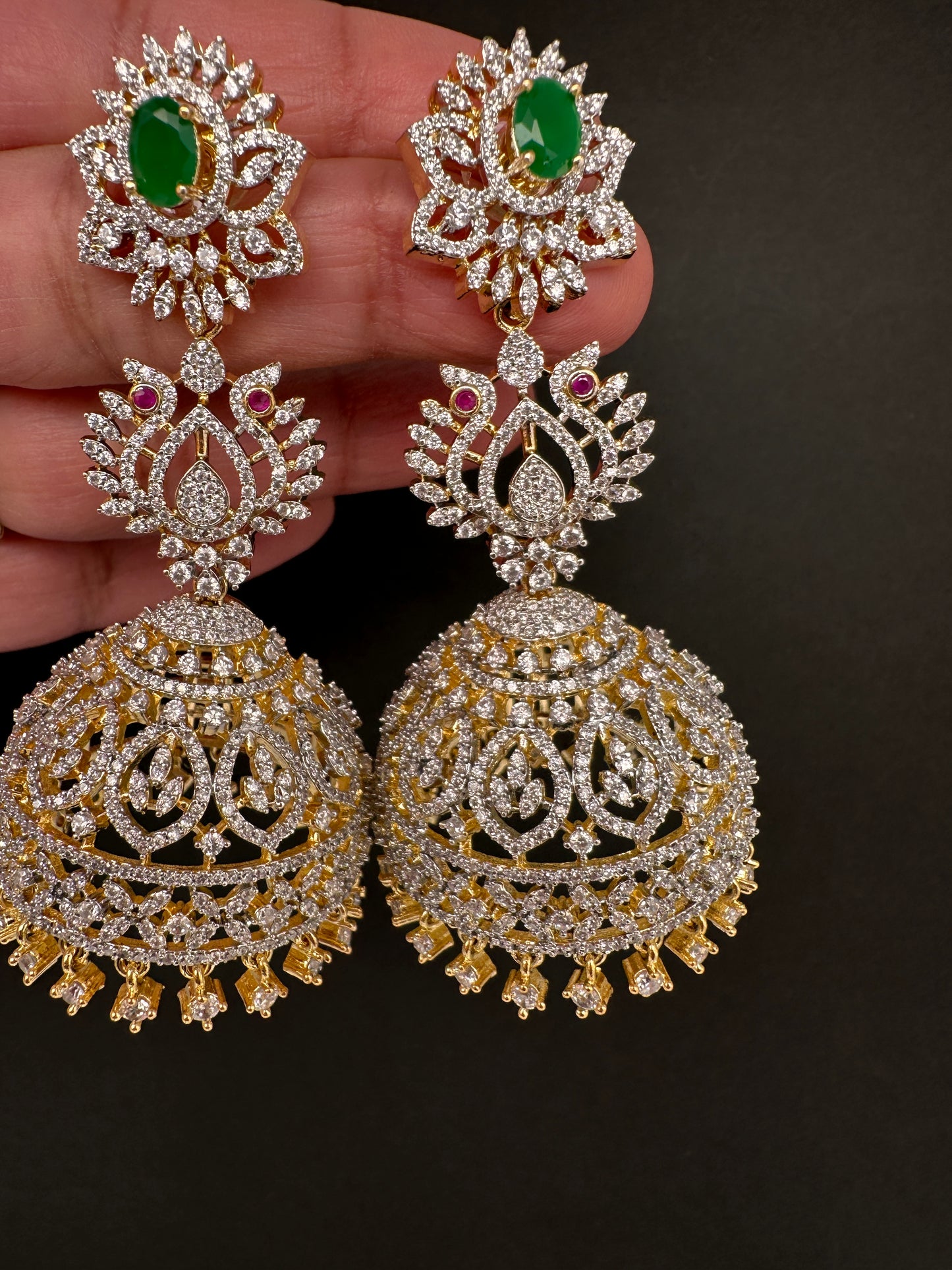 AD  Color Stone Big Size Statement Jhumka Earrings - Green