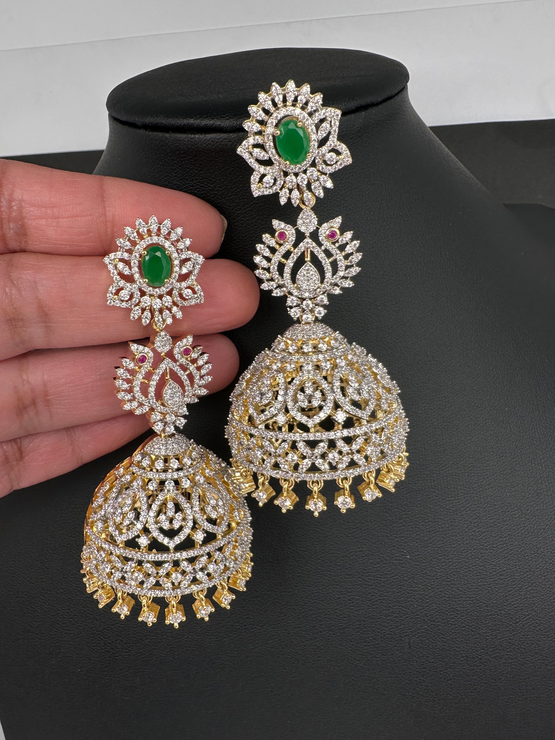 AD  Color Stone Big Size Statement Jhumka Earrings - Green
