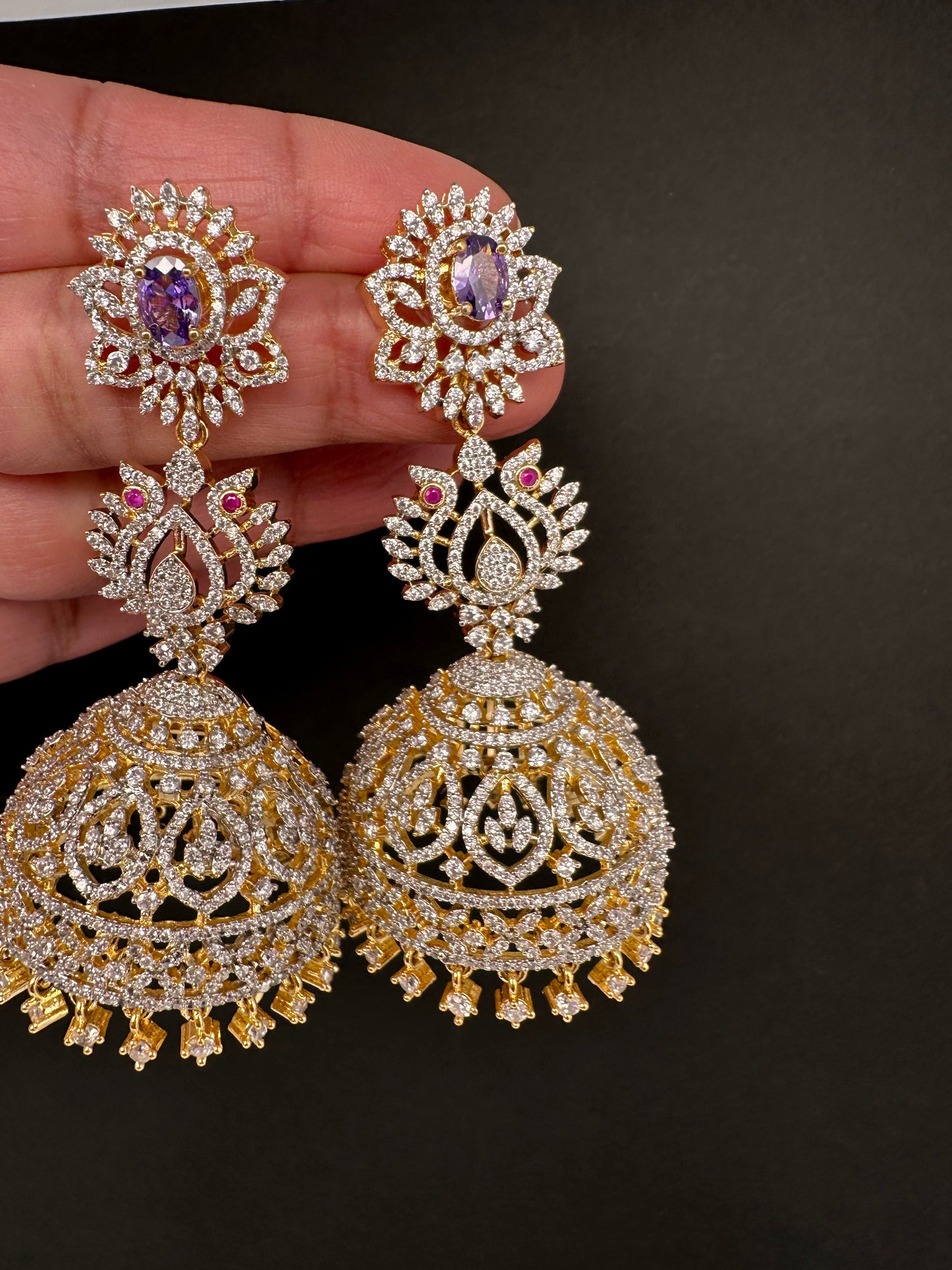 AD  Color Stone Big Size Statement Jhumka Earrings - Purple
