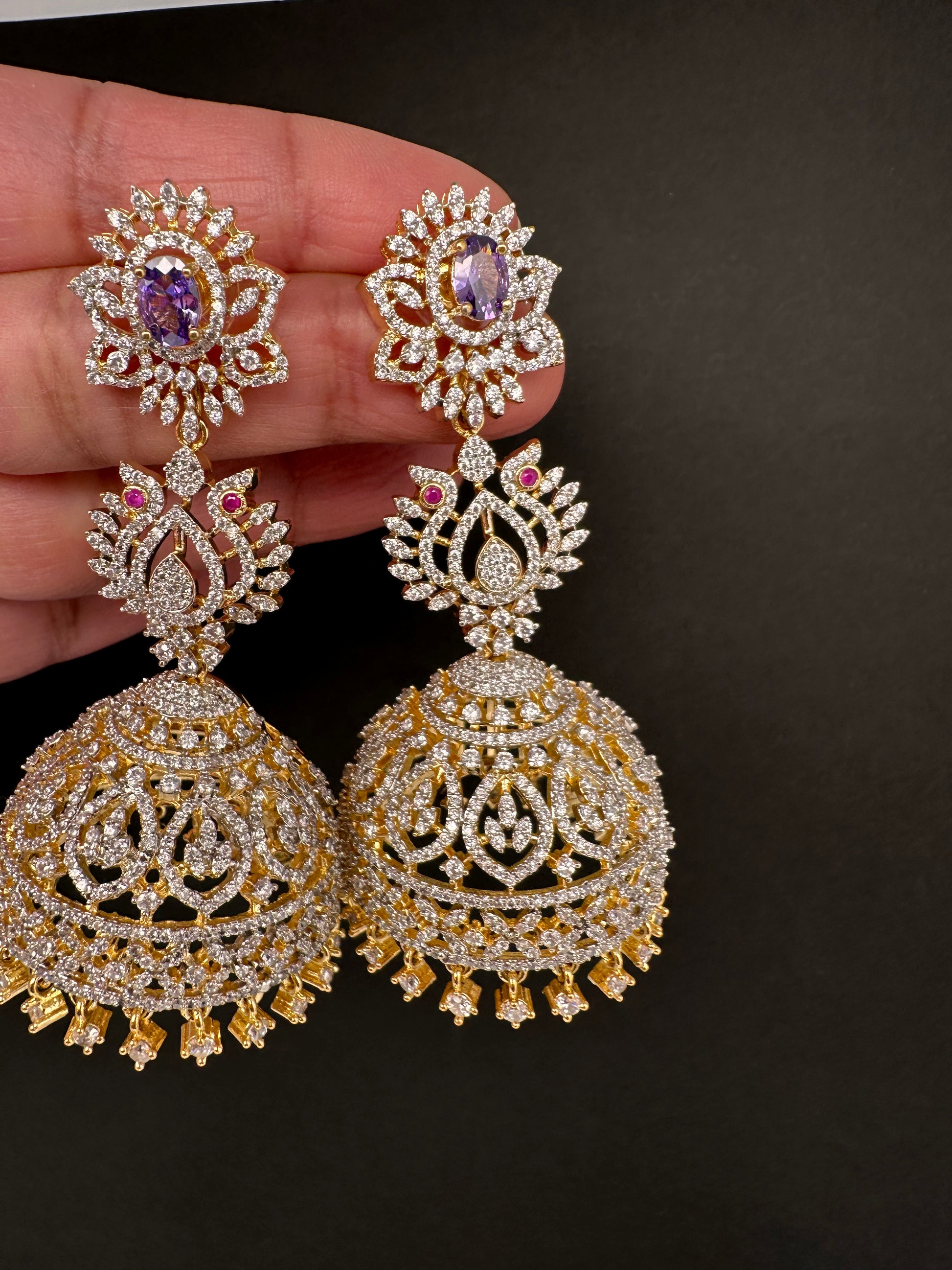 AD  Color Stone Big Size Statement Jhumka Earrings - Purple