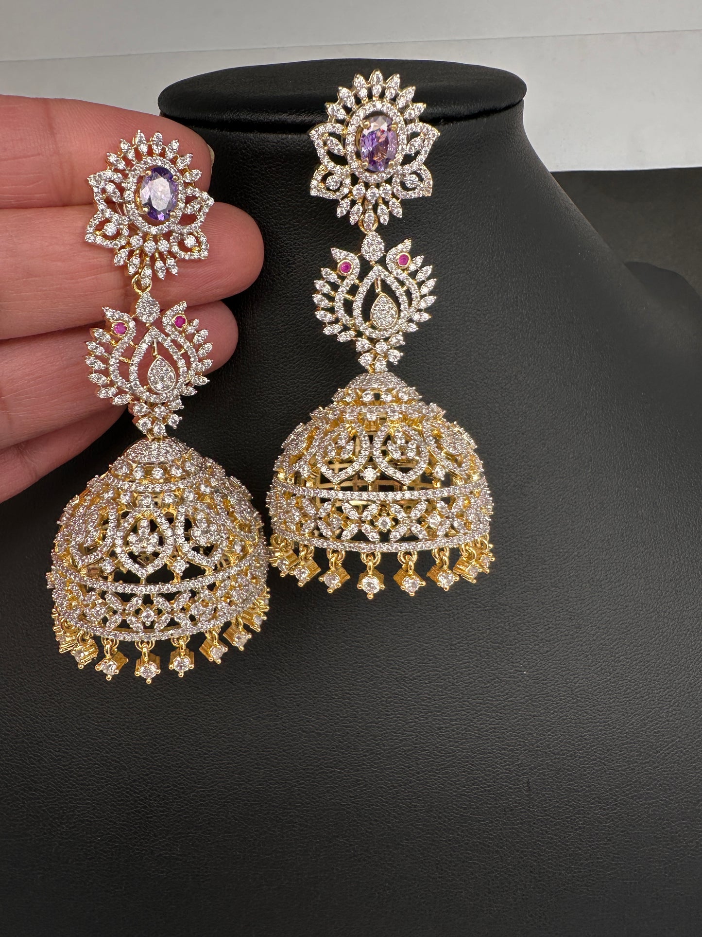 AD  Color Stone Big Size Statement Jhumka Earrings - Purple