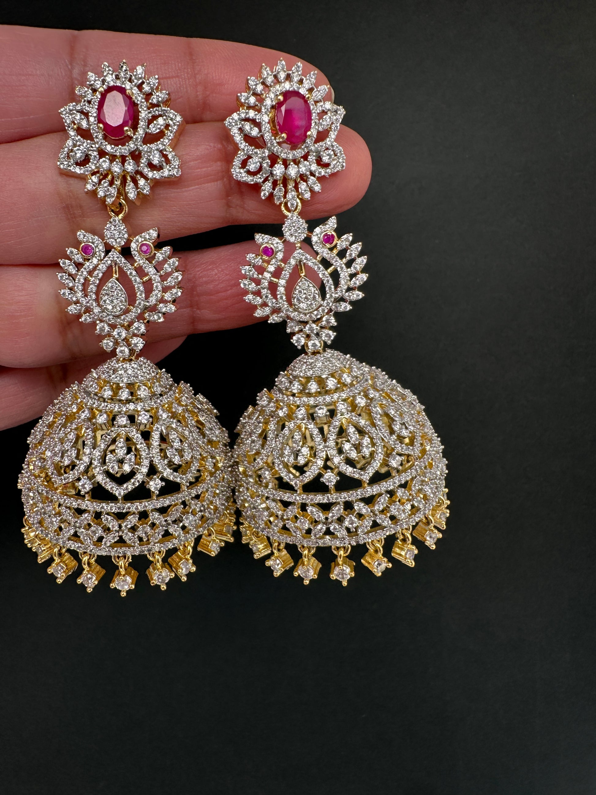 AD  Color Stone Big Size Statement Jhumka Earrings - Red
