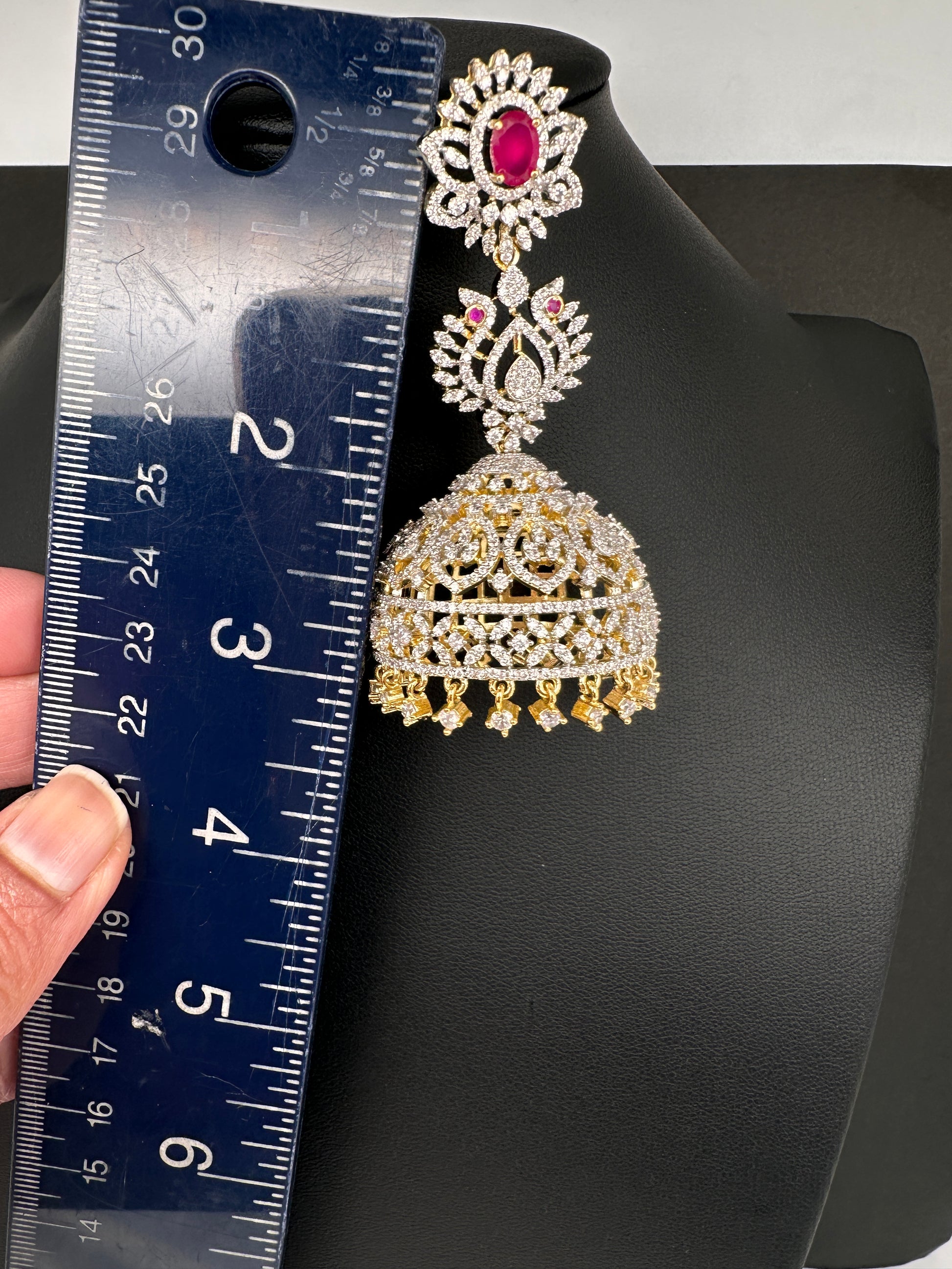 AD  Color Stone Big Size Statement Jhumka Earrings - Red