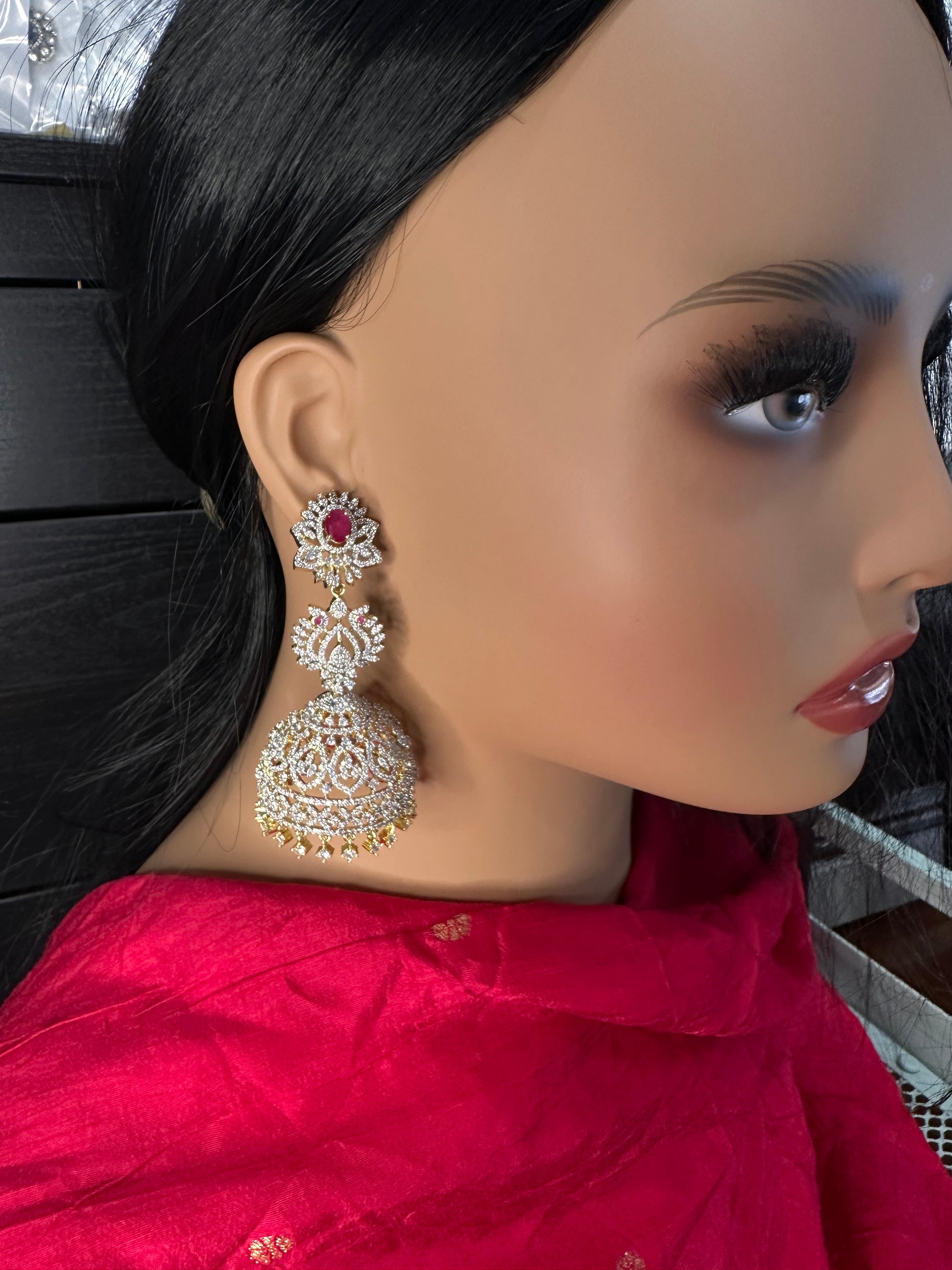 AD  Color Stone Big Size Statement Jhumka Earrings - Red